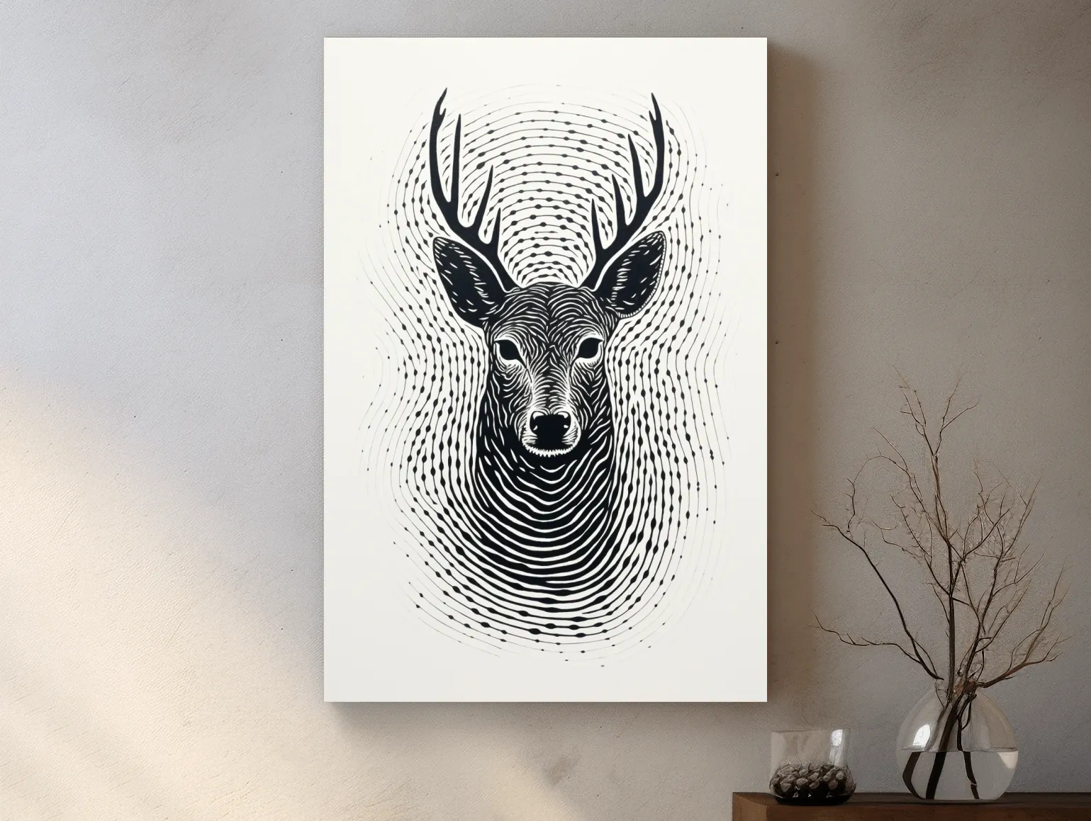 Psychedelic Deer Head Fingerprint Line Art - Black And White Wildlife Wall Art