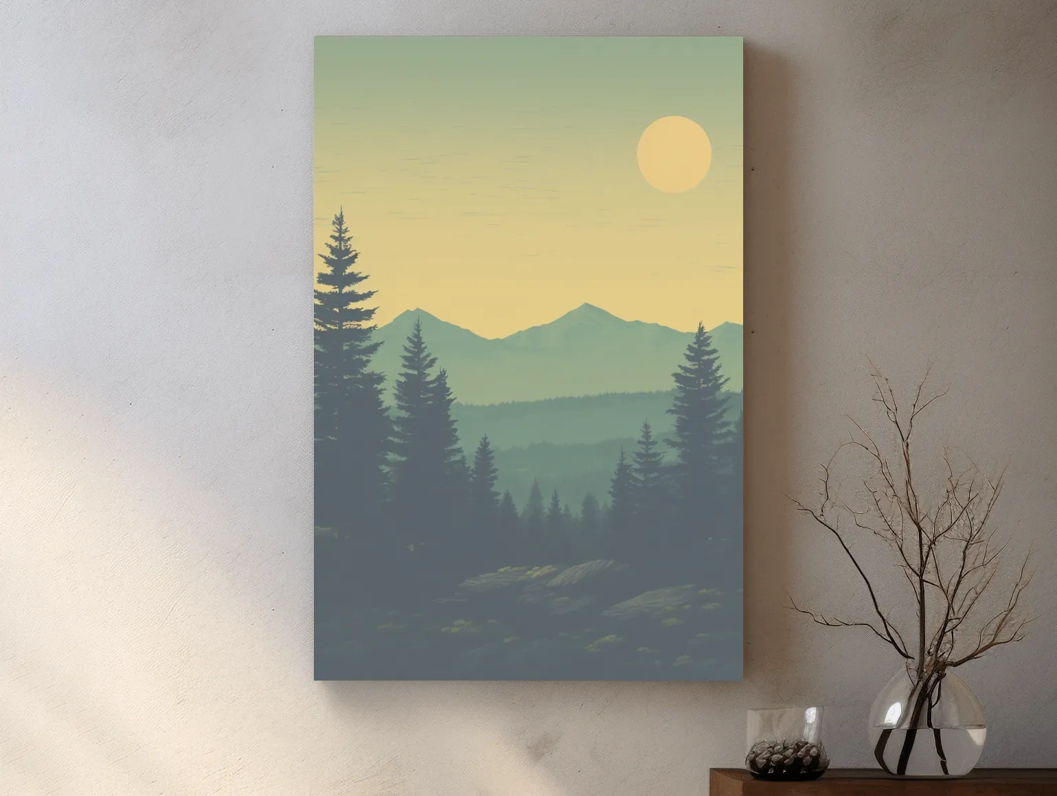 Minimalist Hazy Mountain Sunrise Landscape - Serene Alpine Forest Wall Art