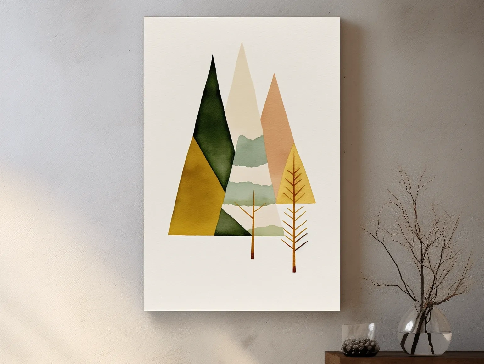 Minimalist Scandinavian Geometric Mountains - Modern Watercolor Forest Landscape Wall Art