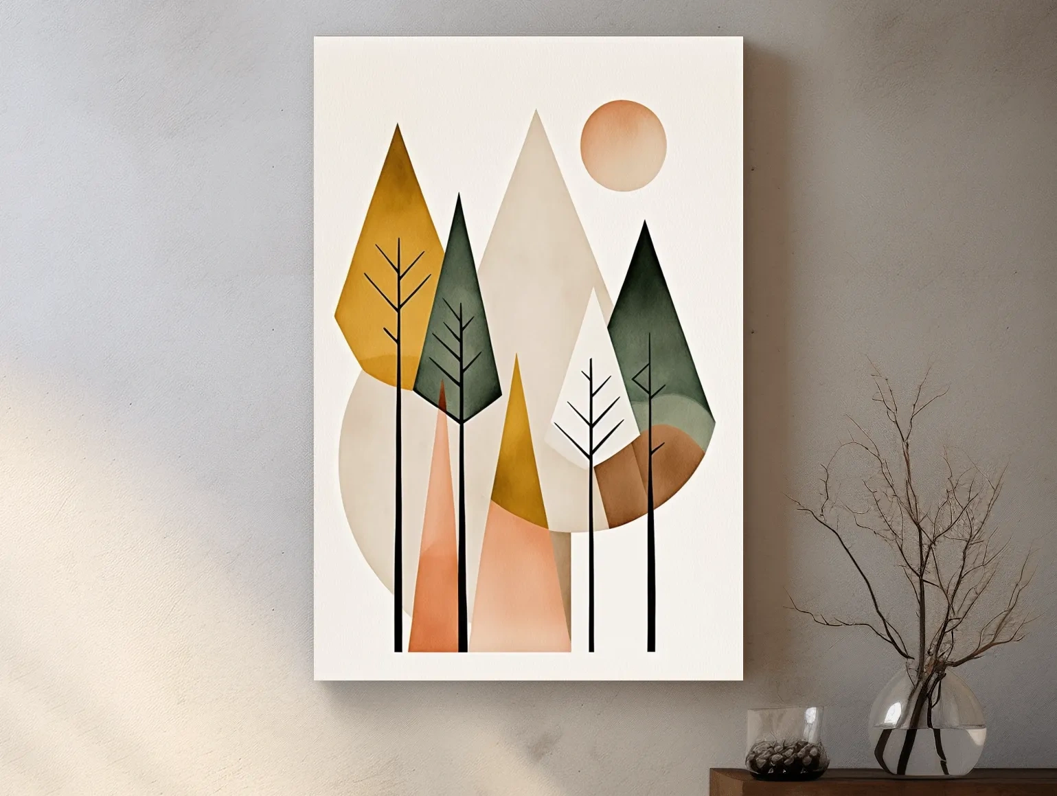 Minimalist Geometric Mountain Forest Artwork - Scandinavian Boho Wall Art