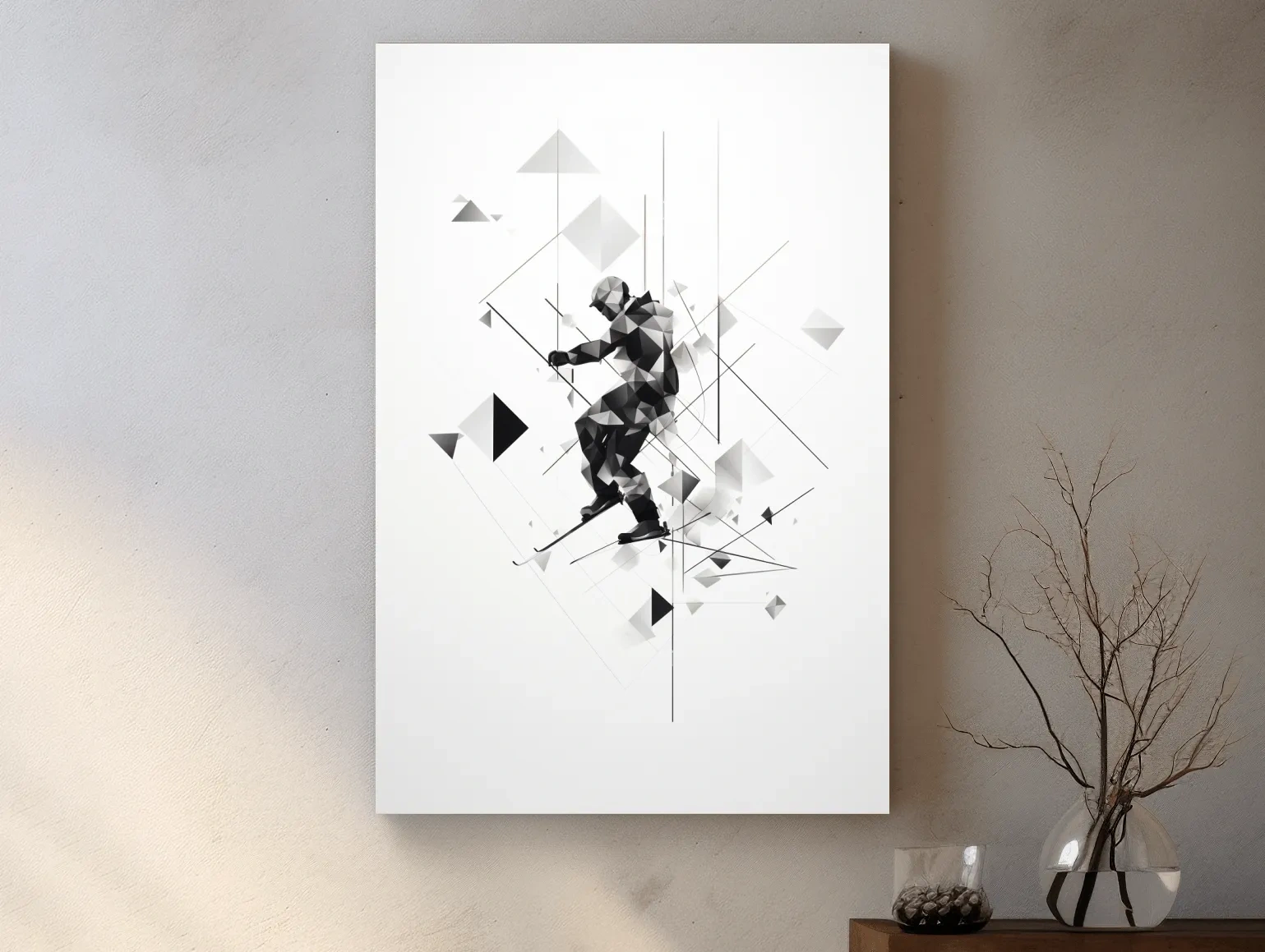 Monochrome Geometric Skier Silhouette - Abstract Winter Sports Wall Art