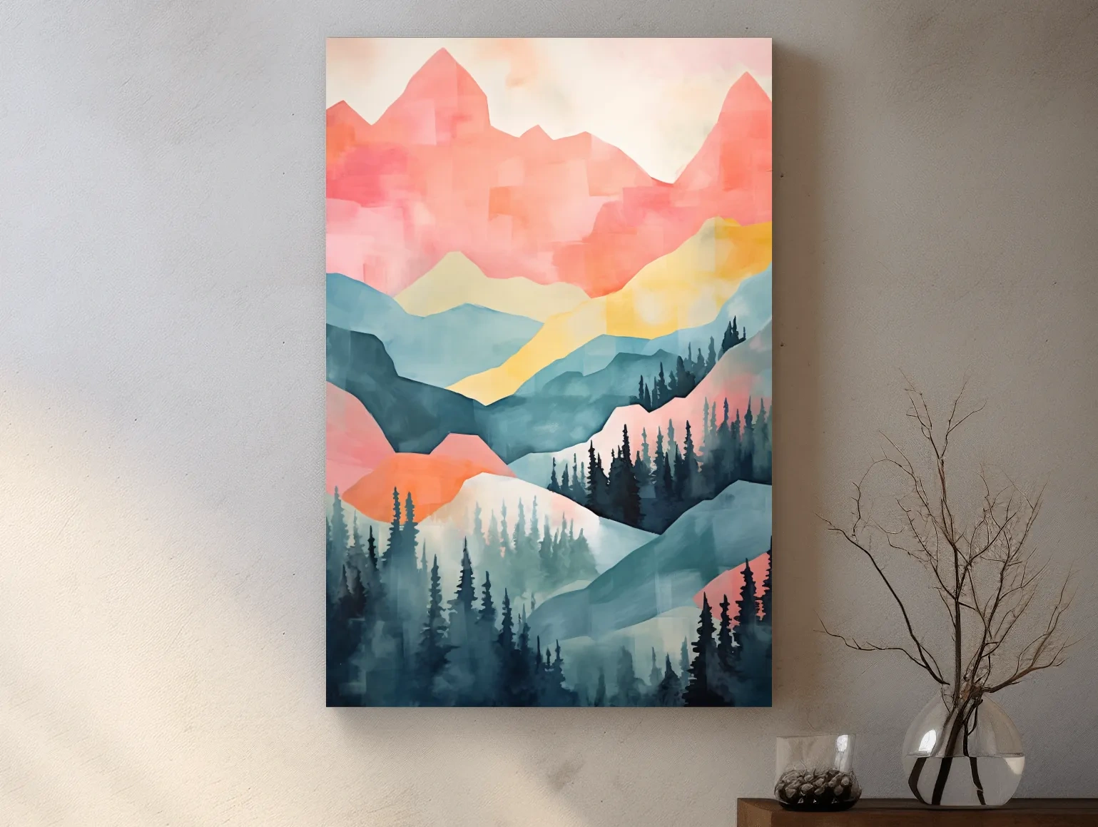 Abstract Watercolor Mountain Sunrise Landscape - Pastel Alpine Forest Wall Art