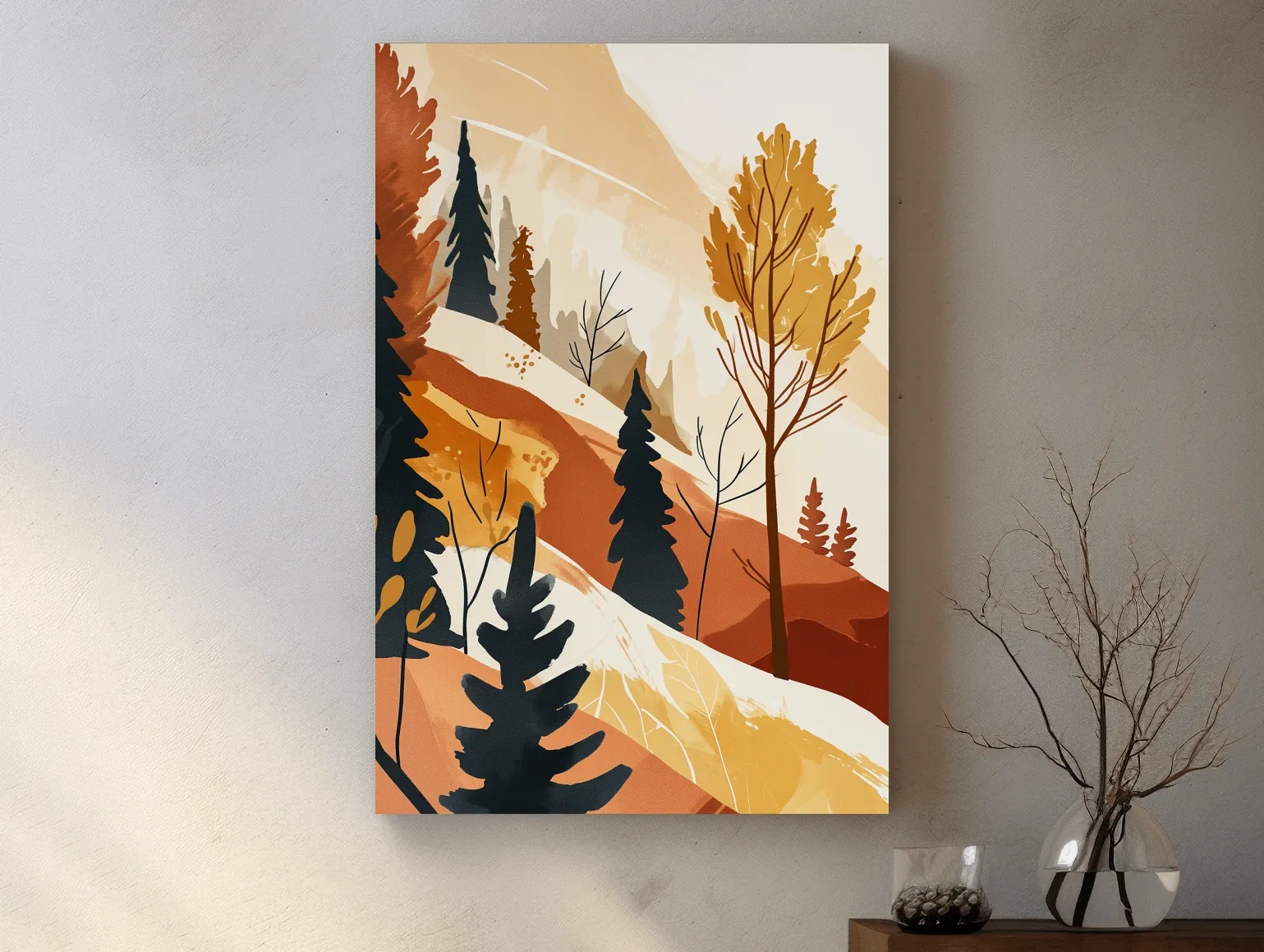 Minimalist Autumn Mountain Forest Landscape - Warm Scandinavian Wall Art
