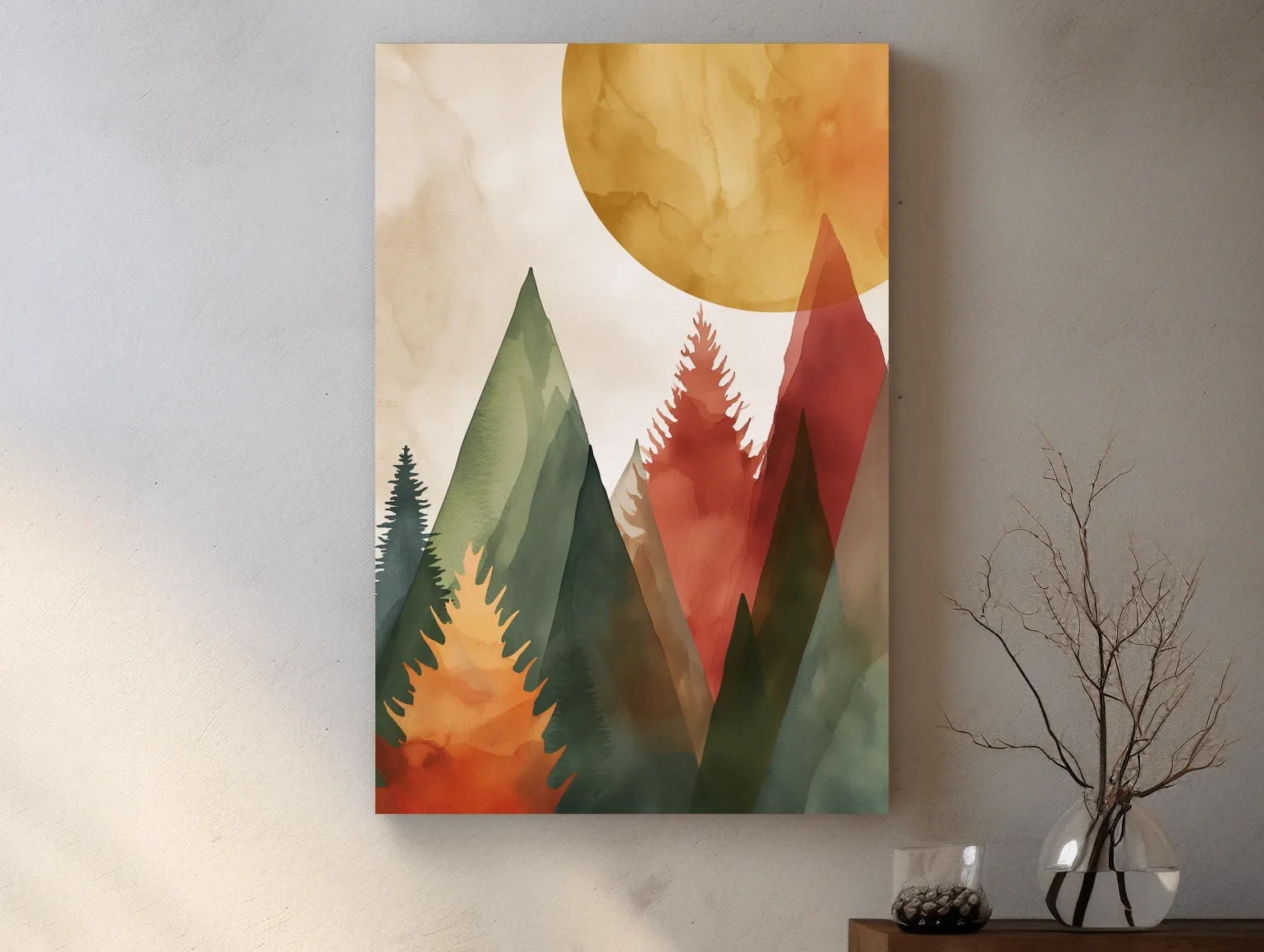 Rustic Watercolor Mountain Forest Sunrise - Modern Minimalist Wall Art