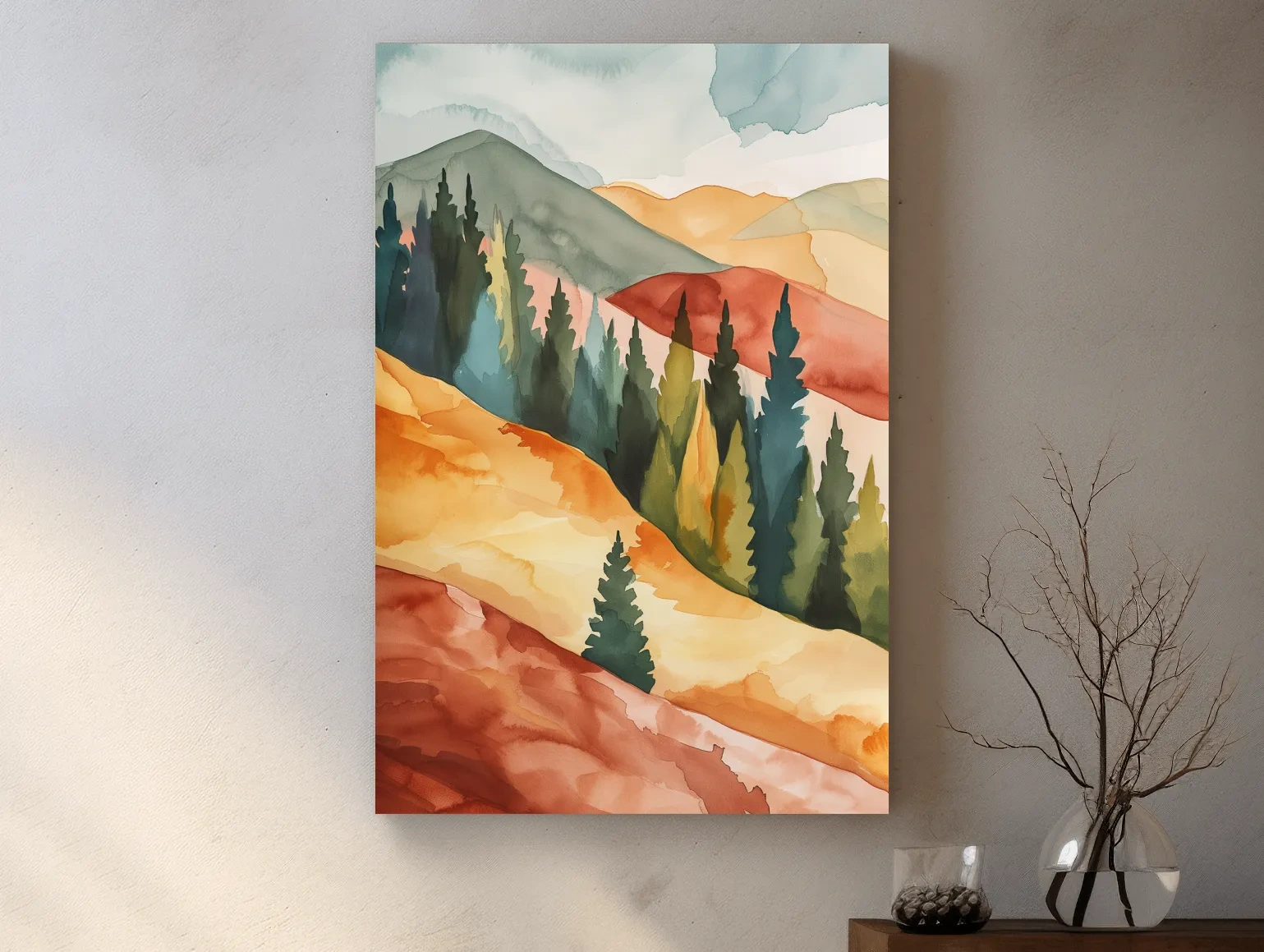 Rustic Autumn Watercolor Mountains & Pine Forest - Serene Abstract Landscape Wall Art