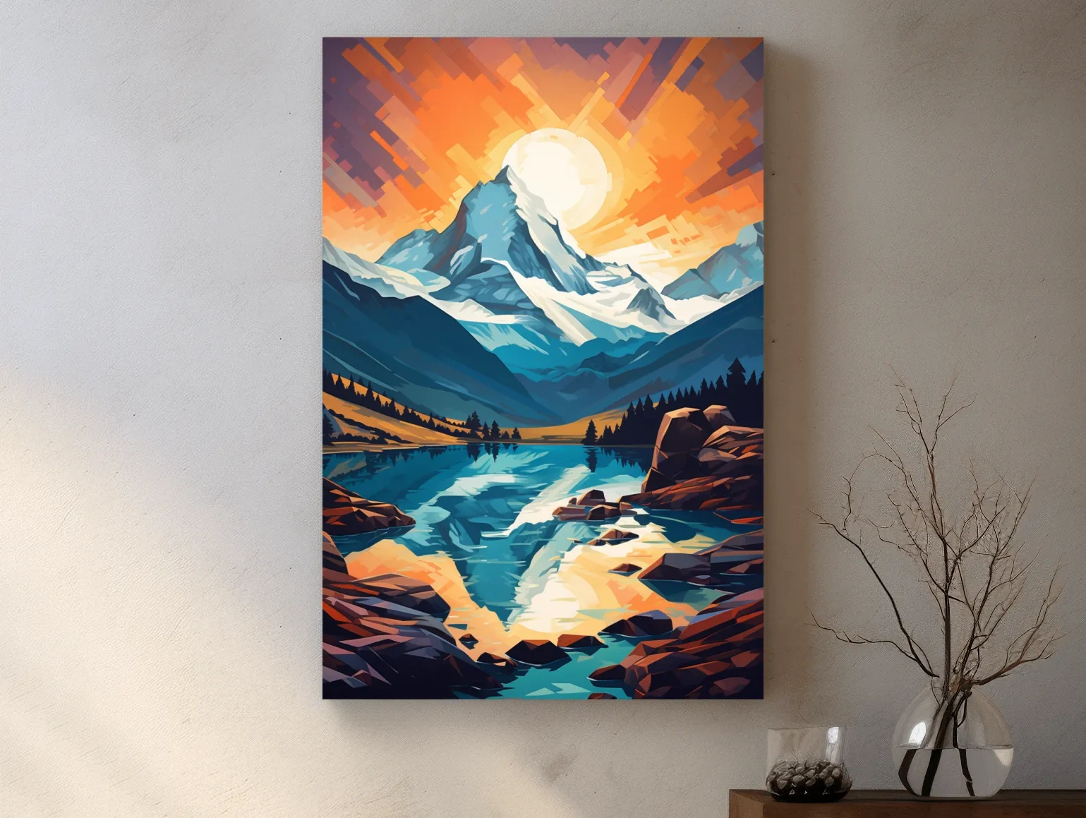 Vibrant Geometric Alpine Glacier Sunrise - Abstract Lake Landscape Wall Art