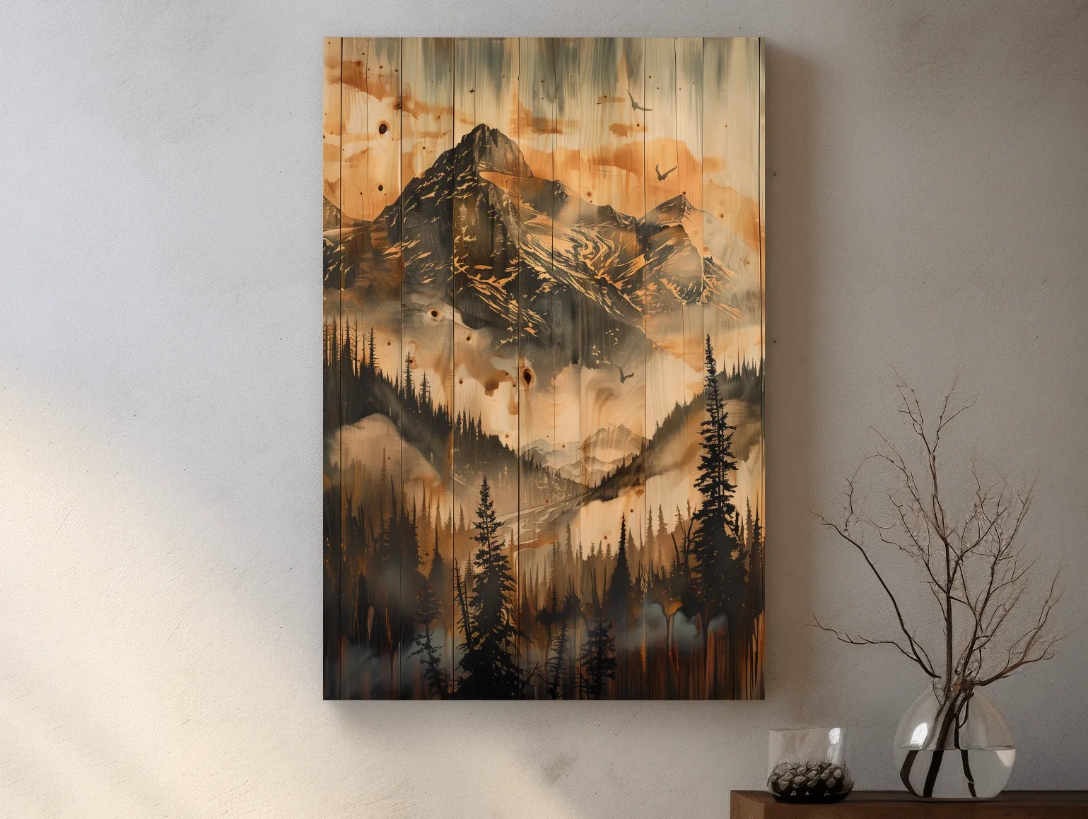 Rustic Woodgrain Mountain Landscape Painting - Sepia Misty Pine Forest Wall Art