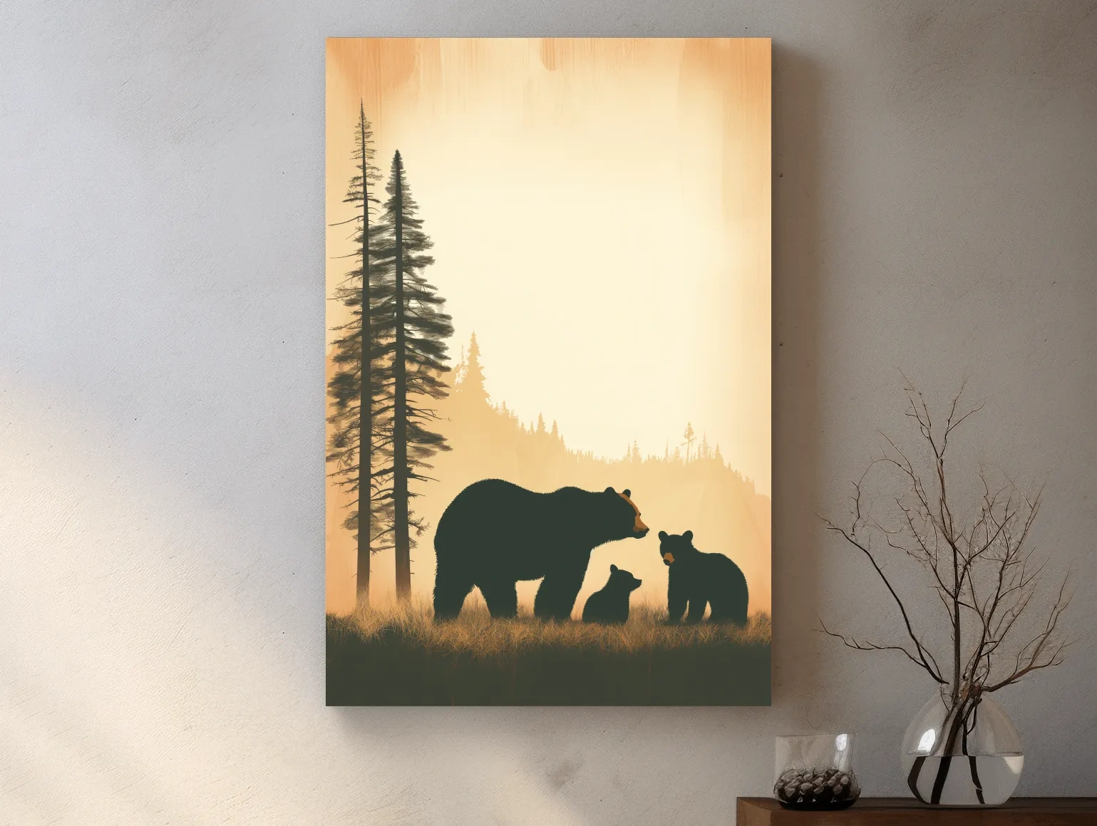 Bear Family Forest Silhouette Illustration - Minimalist Wildlife Artwork