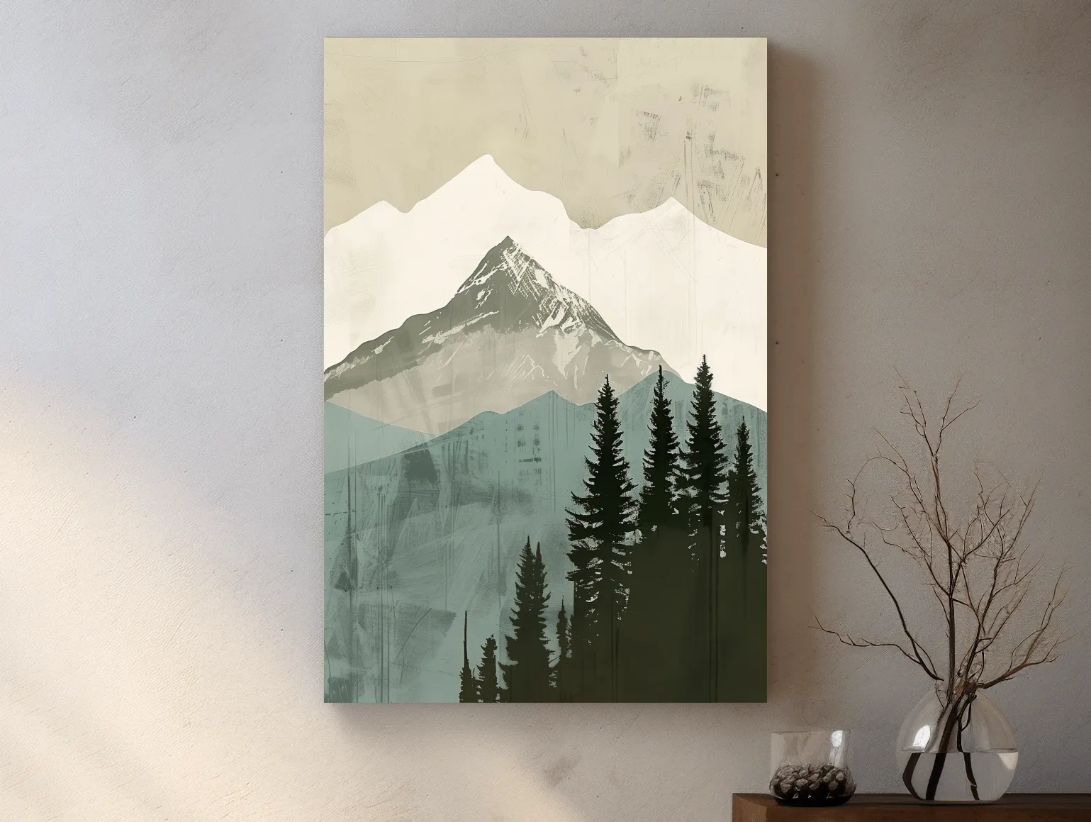Scandinavian Mountain Peak And Pine Forest Artwork - Minimalist Landscape Wall Art