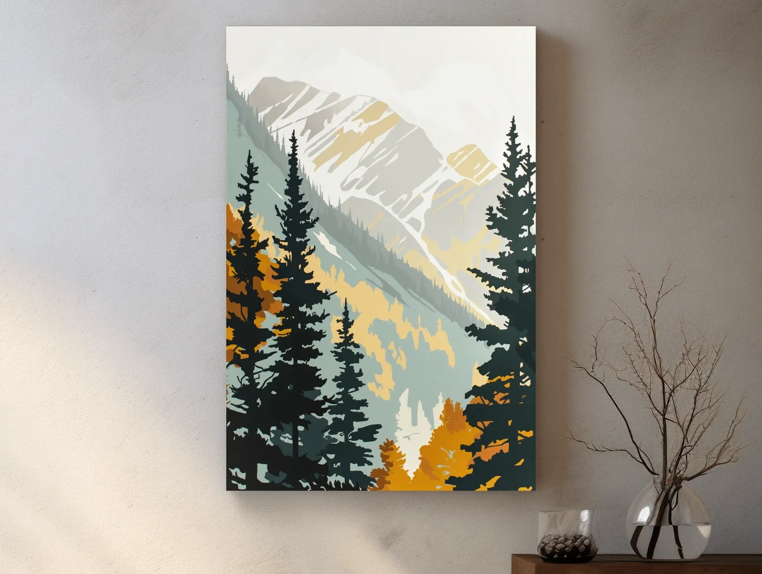 Minimalist Alpine Mountain & Pine Forest - Scandinavian Landscape Wall Art