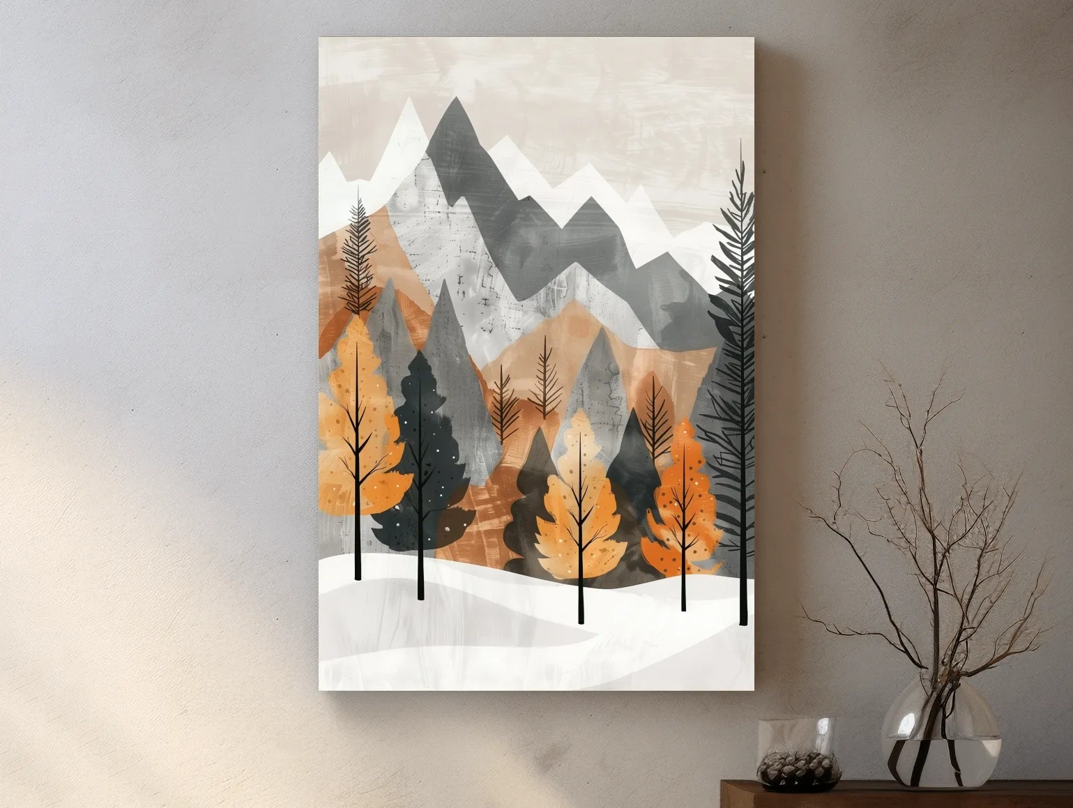 Scandinavian style forest artwork, alpine mountains in fall