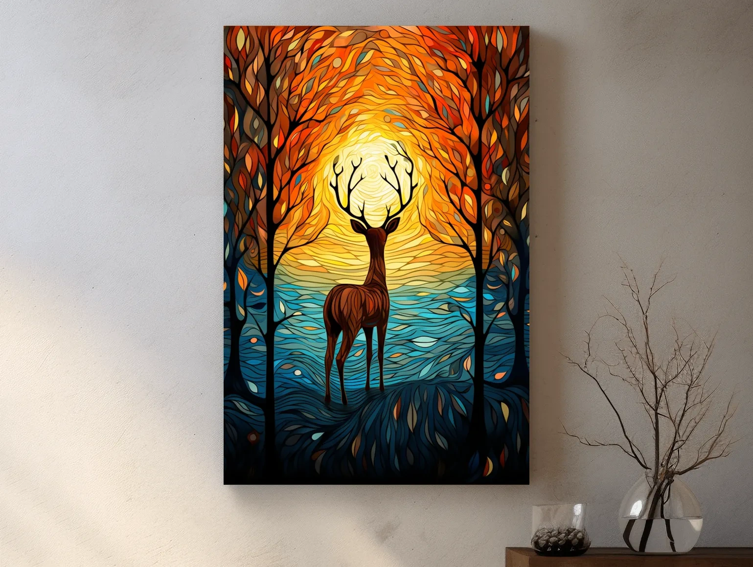 Glowing Autumn Forest Deer Silhouette - Vibrant Stained Glass Style Wall Art