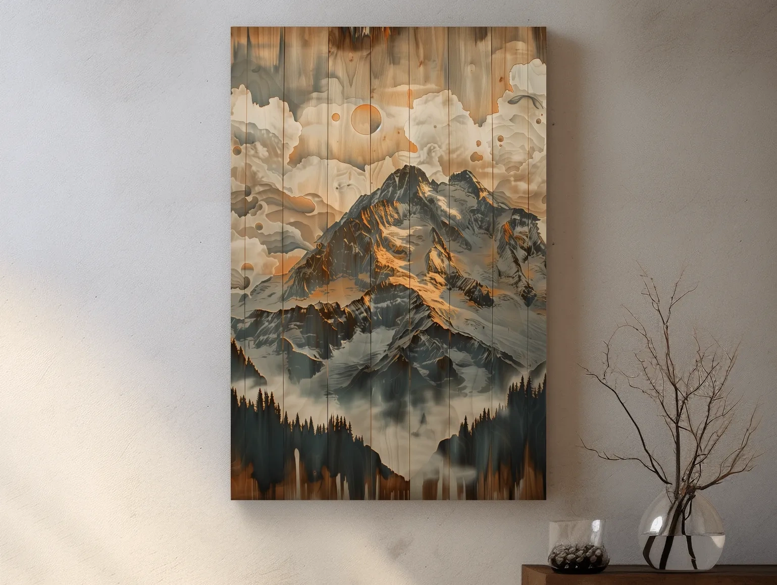 Rustic Glacier Mountain Range Artwork - Vintage Wood Grain Alpine Wall Art