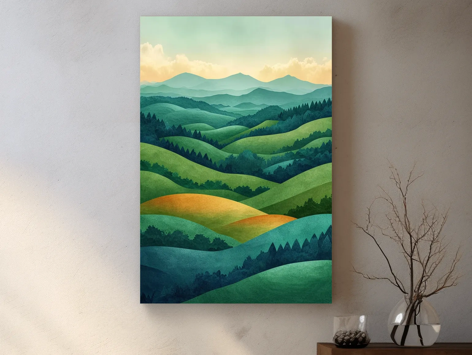 Layered Emerald Rolling Hills Landscape - Serene Scandinavian Nature Wall Art