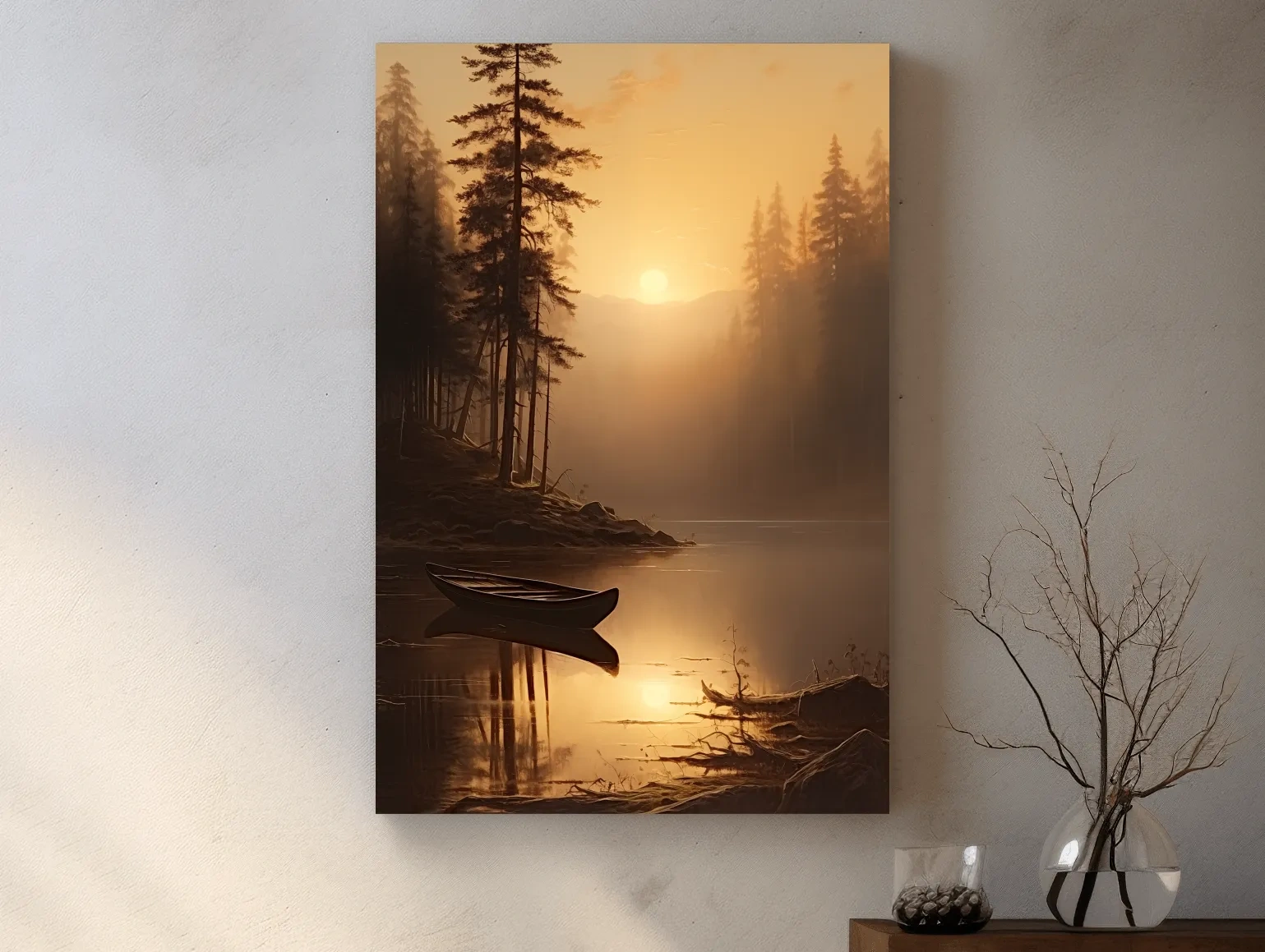 Misty Golden Lake Sunrise With Canoe - Serene Pine Forest Mountain Landscape Wall Art