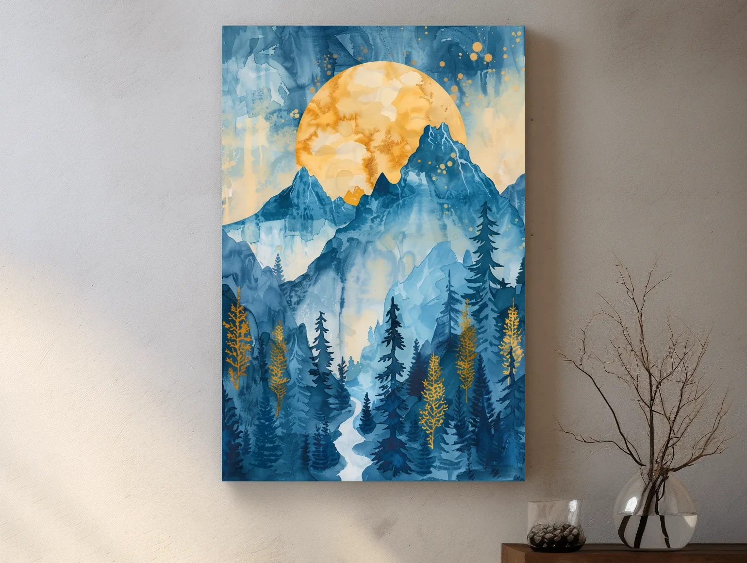 Alpine Sunset Watercolor Painting - Mountain Forest Landscape Wall Art