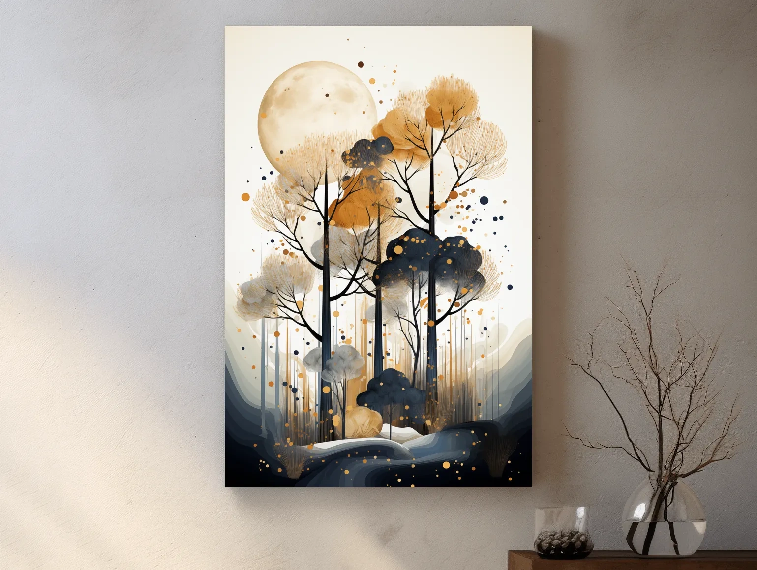 Surreal Chic Moonlit Boho Forest Illustration - Modern Botanical Wall Art