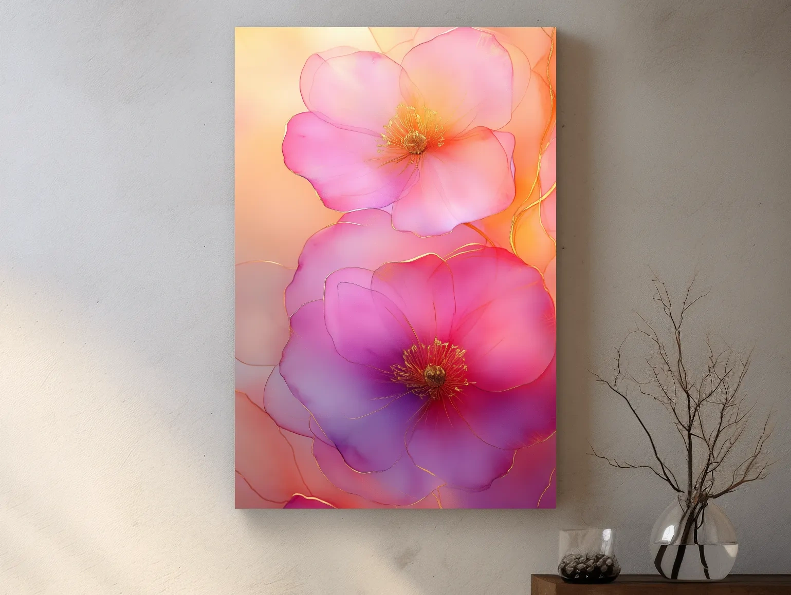 Ethereal Pink Watercolor Blossoms With Gold Accents - Floral Botanical Wall Art