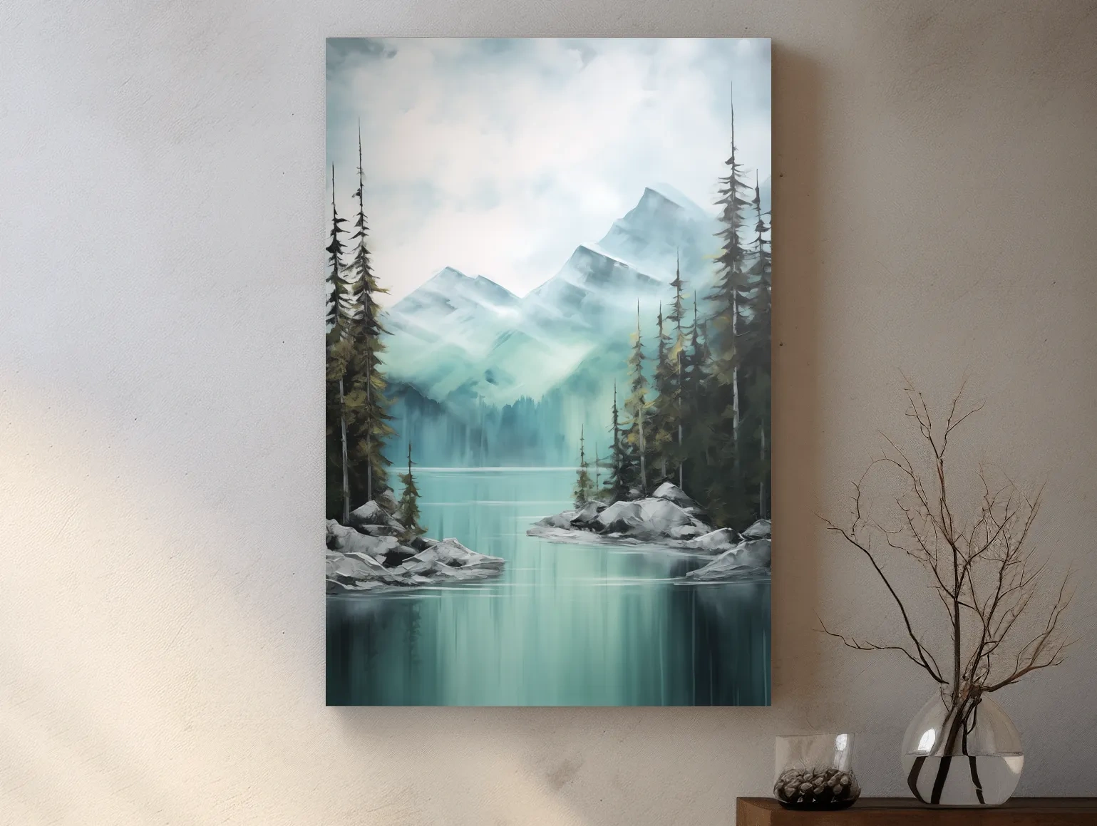 Misty Turquoise Mountain Lake Landscape - PNW Watercolor Forest Wall Art