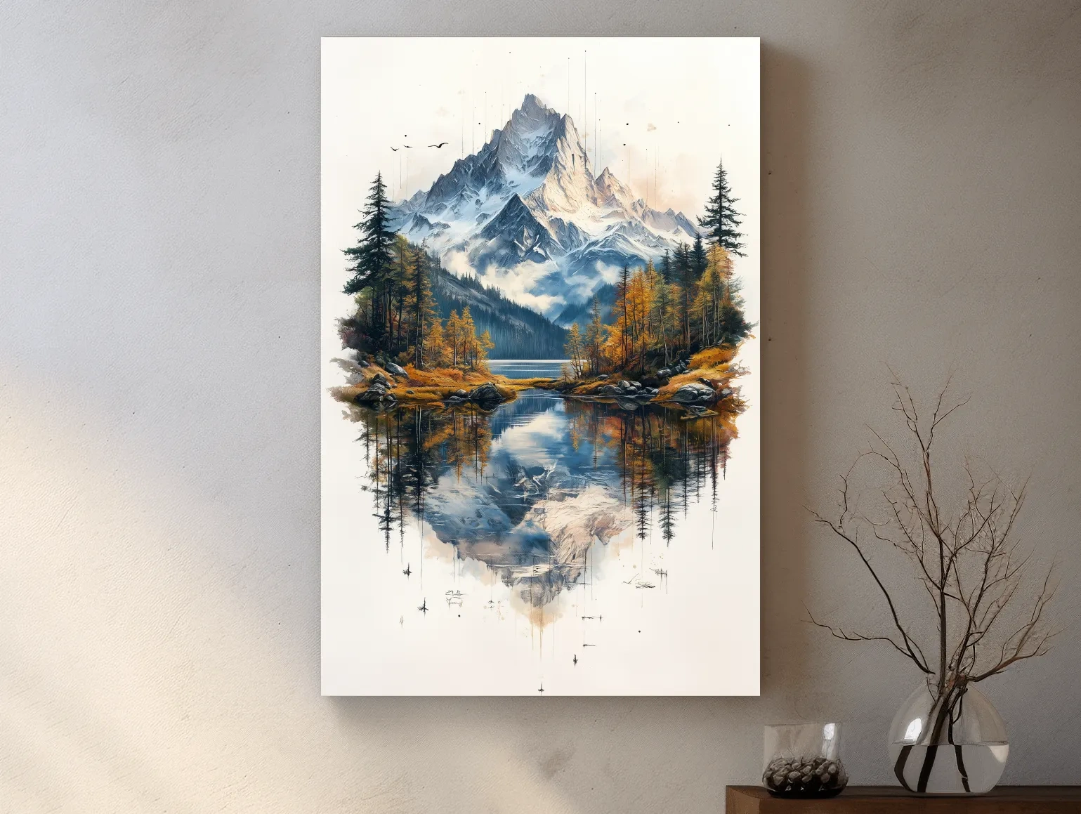 Misty Alpine Mountain Lake Painting - Autumn Pine Forest Tattoo Style Wall Art