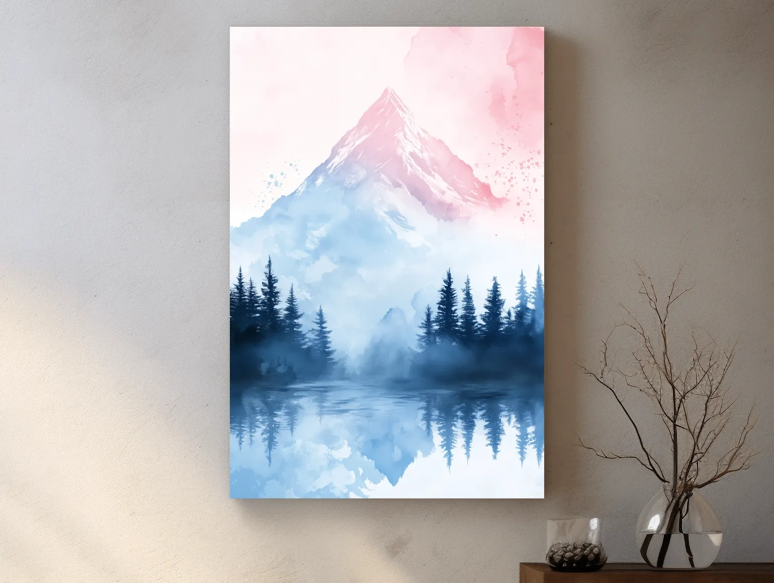 Dreamy Watercolor Alpine Lake Reflection - Pastel Forest Wall Art