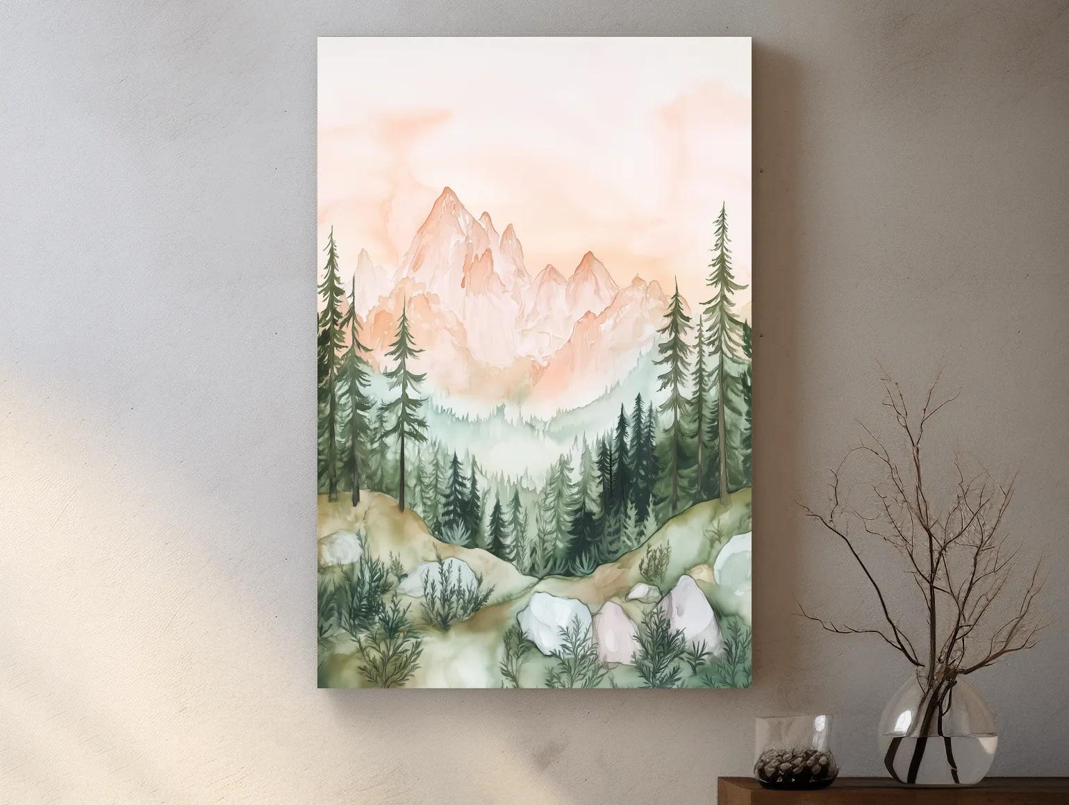 Pastel Watercolor Mountain Peaks & Pine Forest - Serene Alpine Landscape Artwork