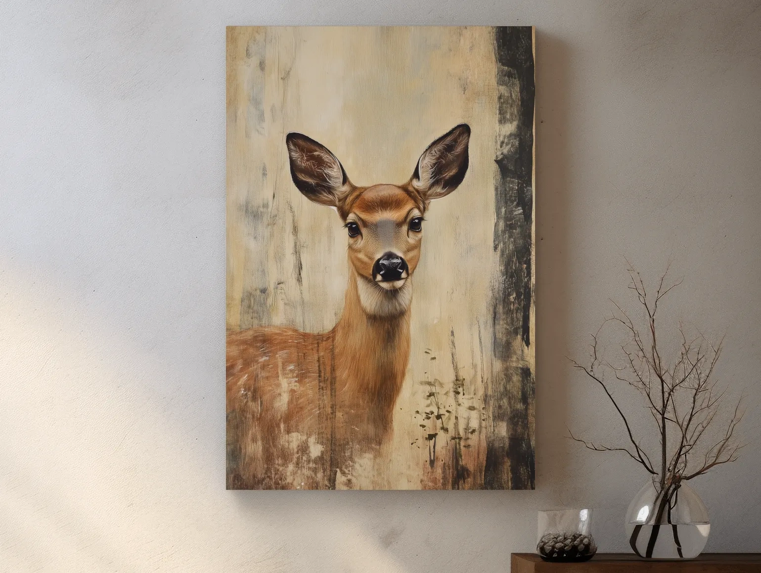 Rustic Whitetail Fawn Portrait Painting - Woodland Wildlife Wall Art