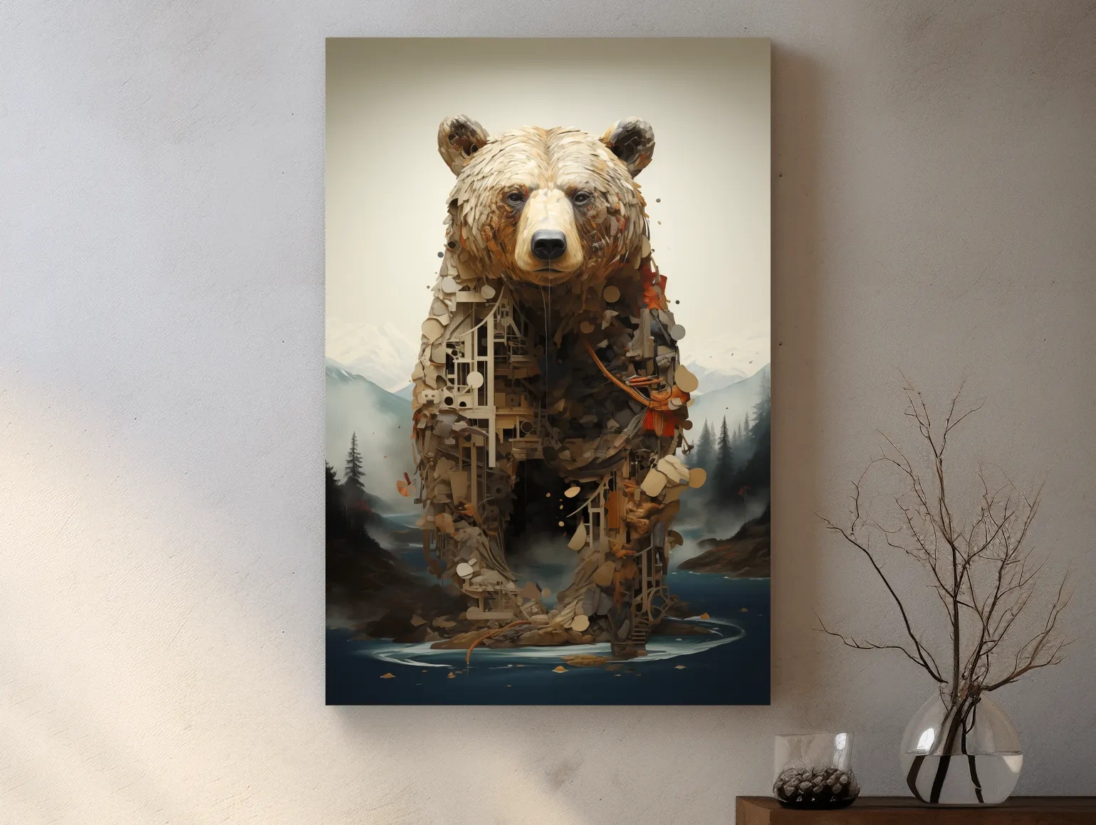 Surreal Grizzly Bear Collage Illustration - MC Escher Style Wildlife Wall Art