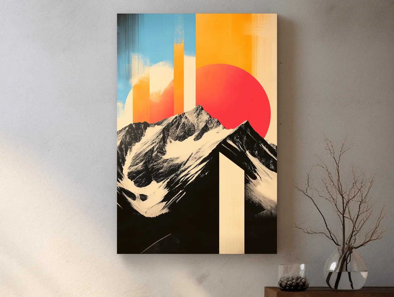 Retro Snowcapped Mountain Sunset Collage - Modern Geometric Landscape Wall Art