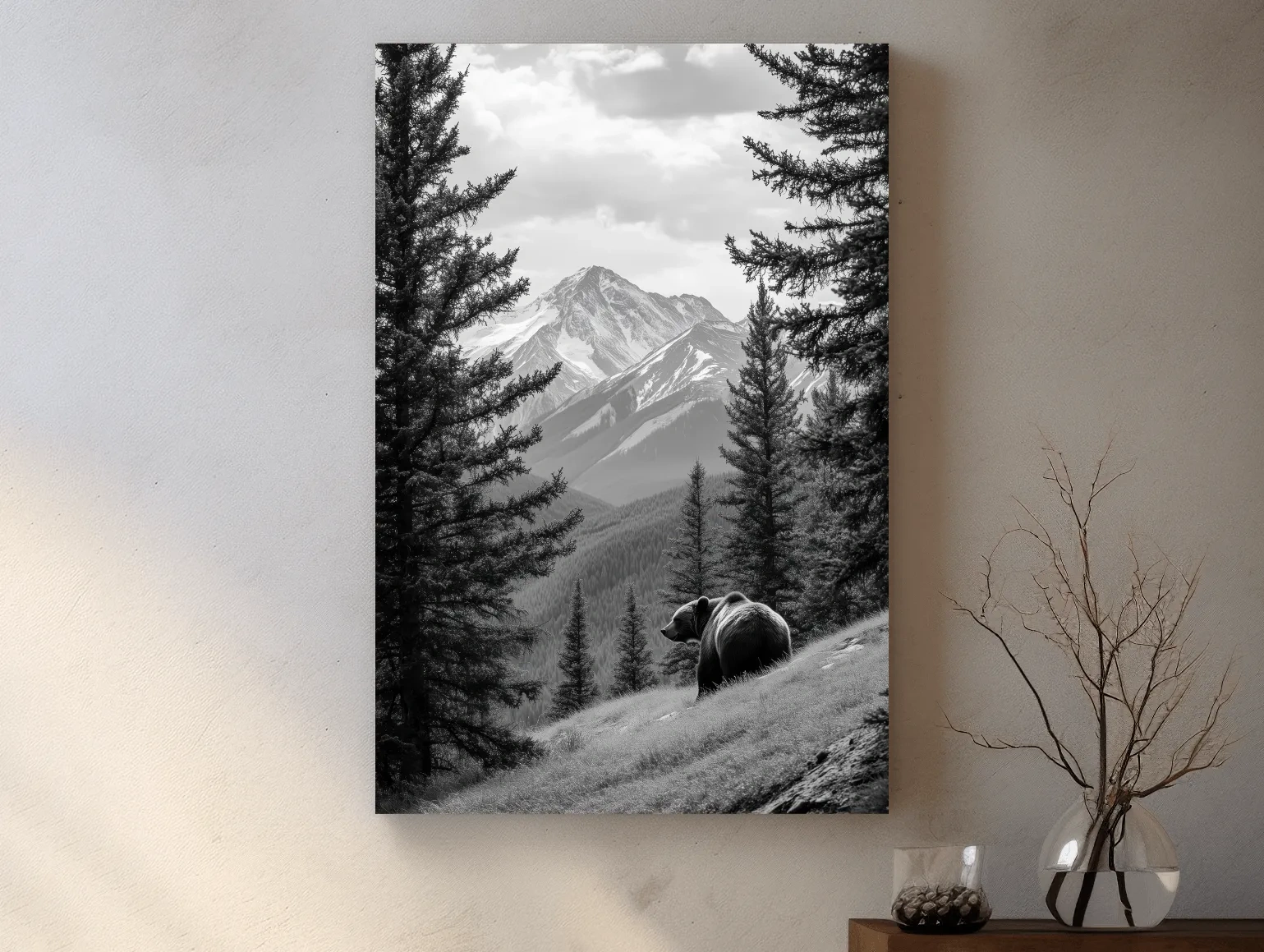 Black And White Grizzly Bear Alpine Meadow - Wilderness Nature Photography Wall Art
