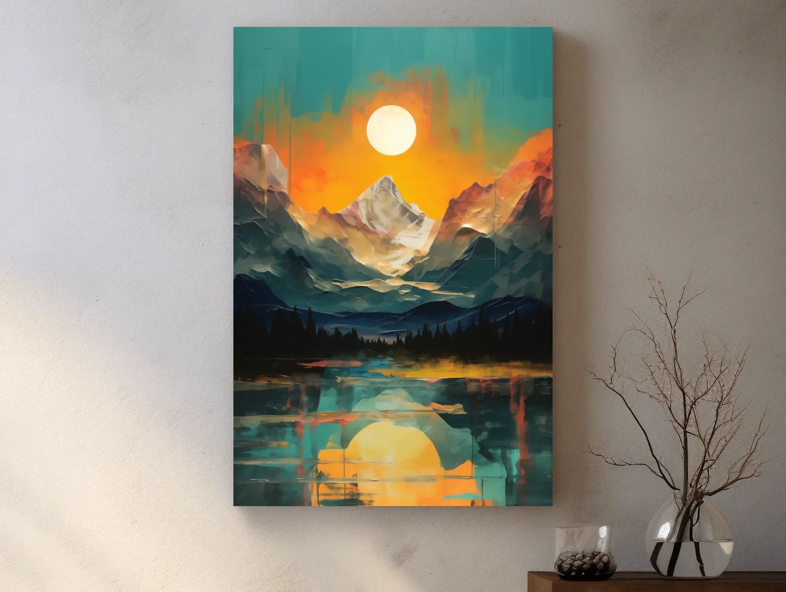 Vibrant Abstract Mountain Lake Sunset - Colorful Landscape Wall Art