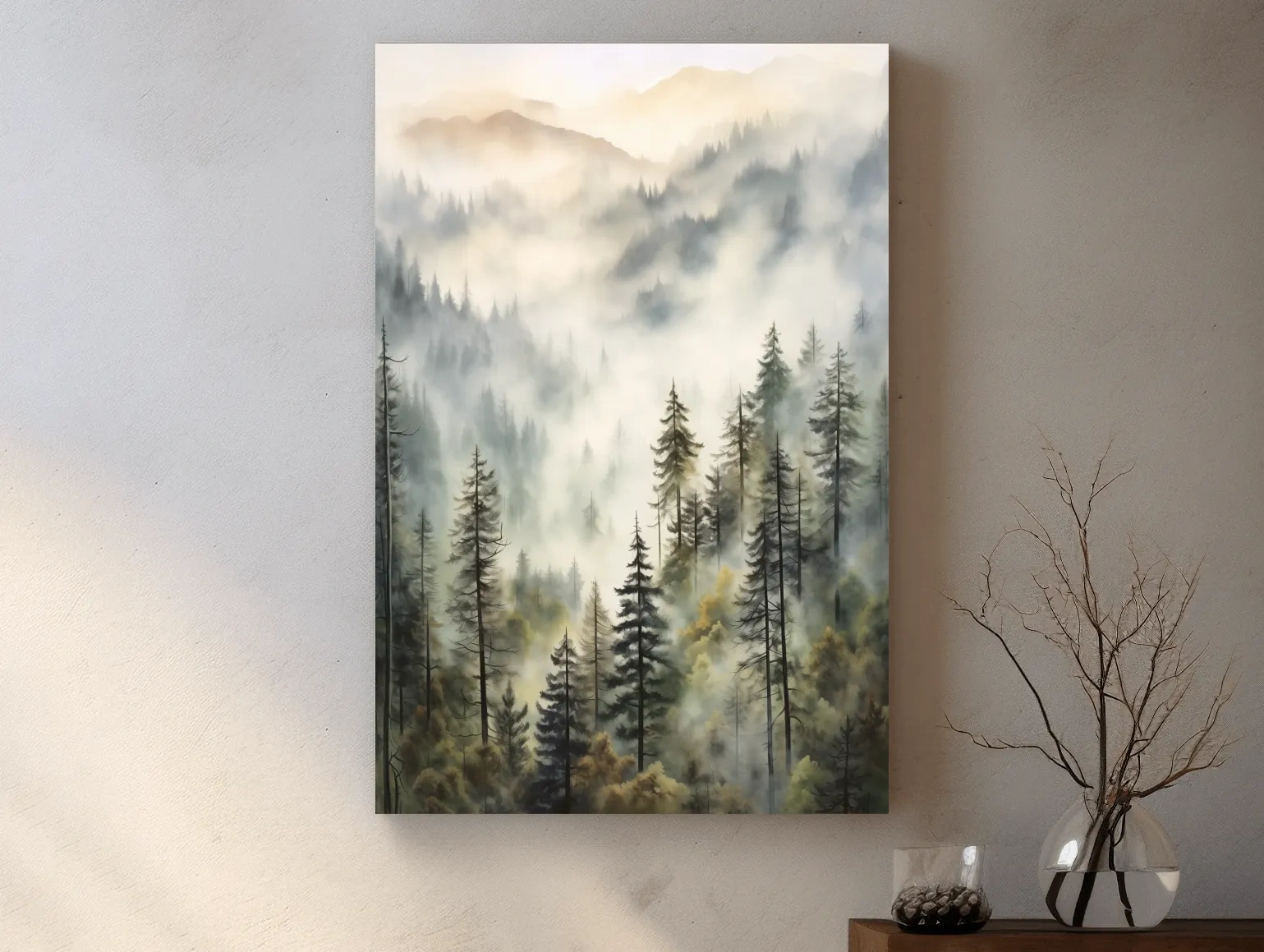 Misty Pine Forest Mountains Watercolor - Serene Foggy Landscape Wall Art