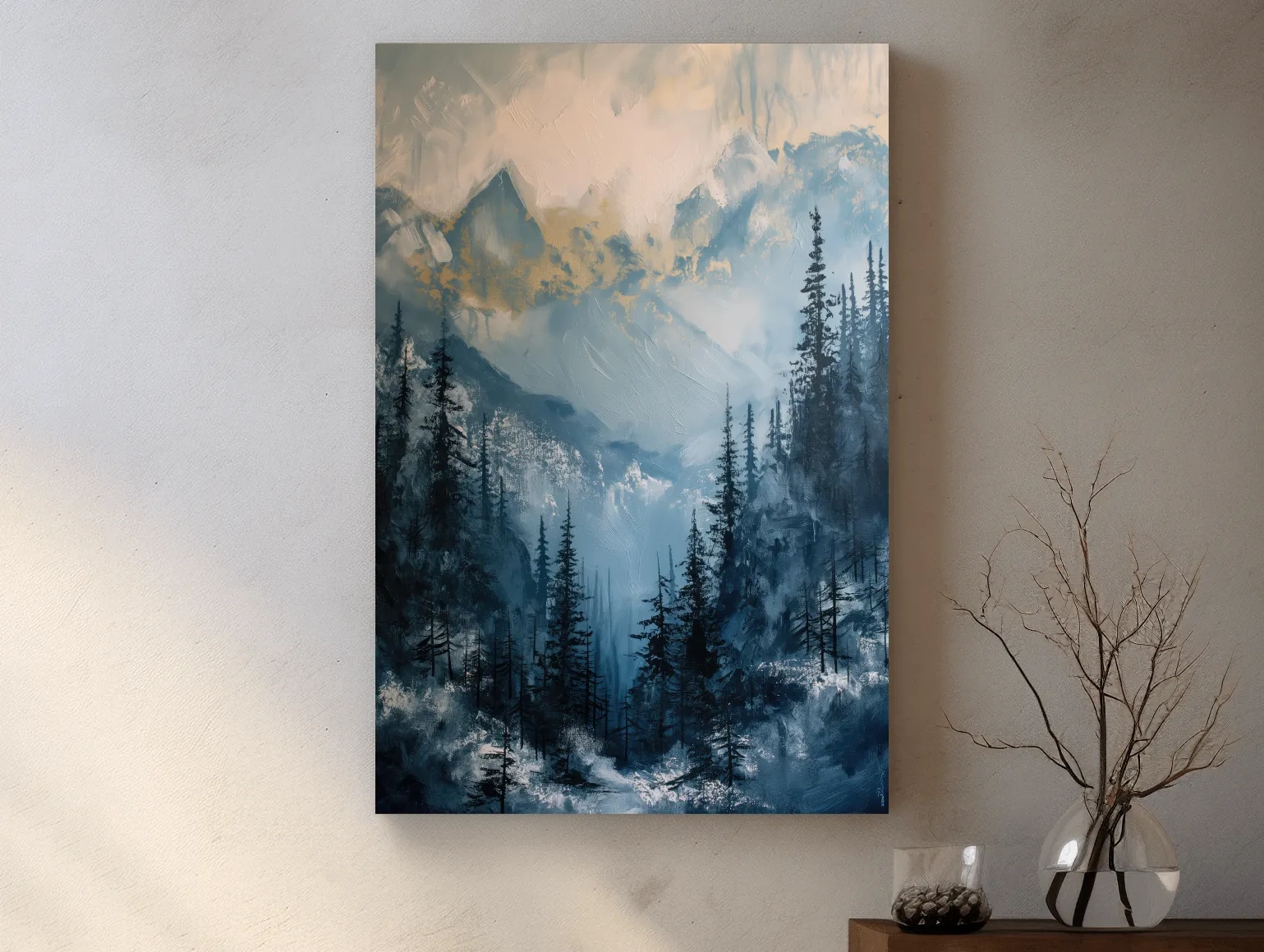 Moody Misty Blue Mountain Forest Painting - Alpine Landscape Wall Art