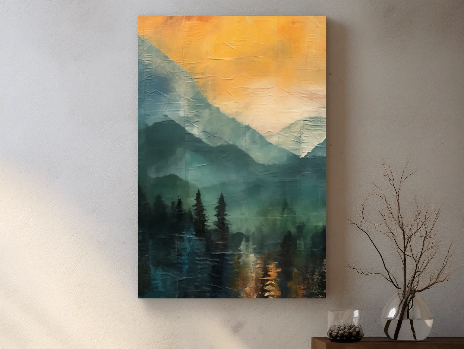 Rustic Misty Mountain Lake Reflection - Textured Watercolor Style Sunset Wall Art