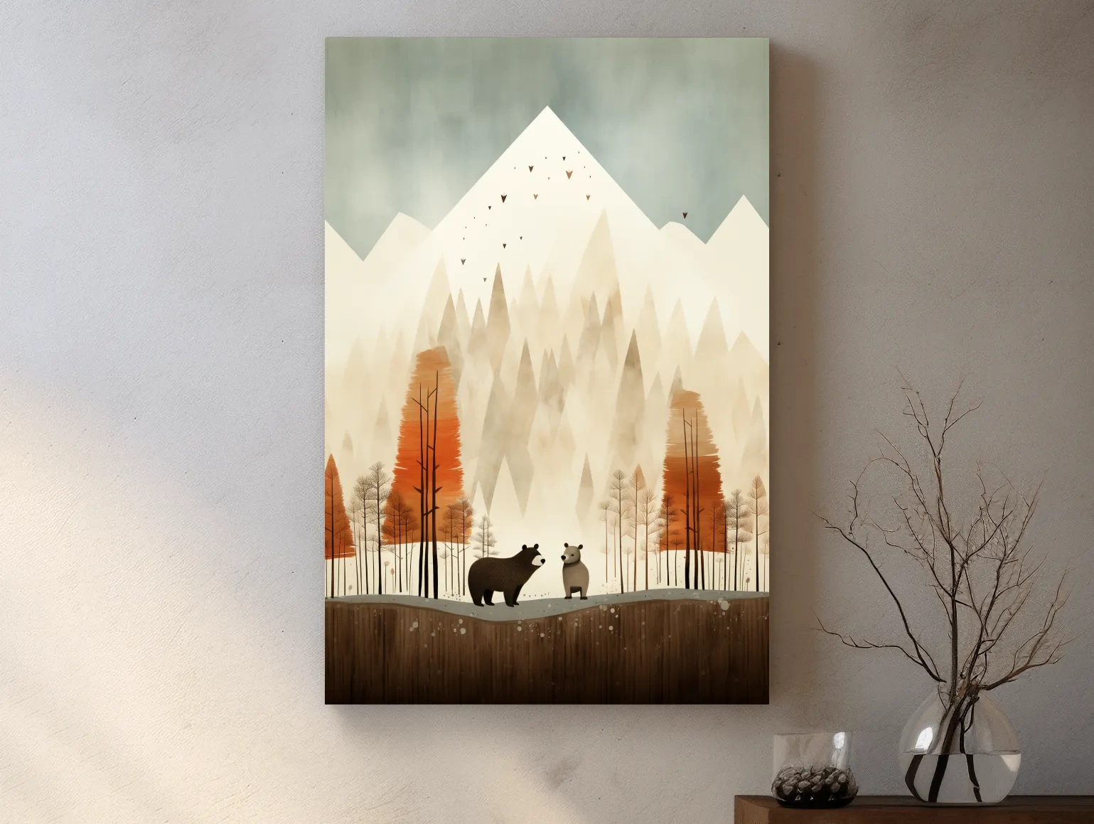 Whimsical Bear Family Autumn Forest Illustration - Nursery Woodland Wall Art