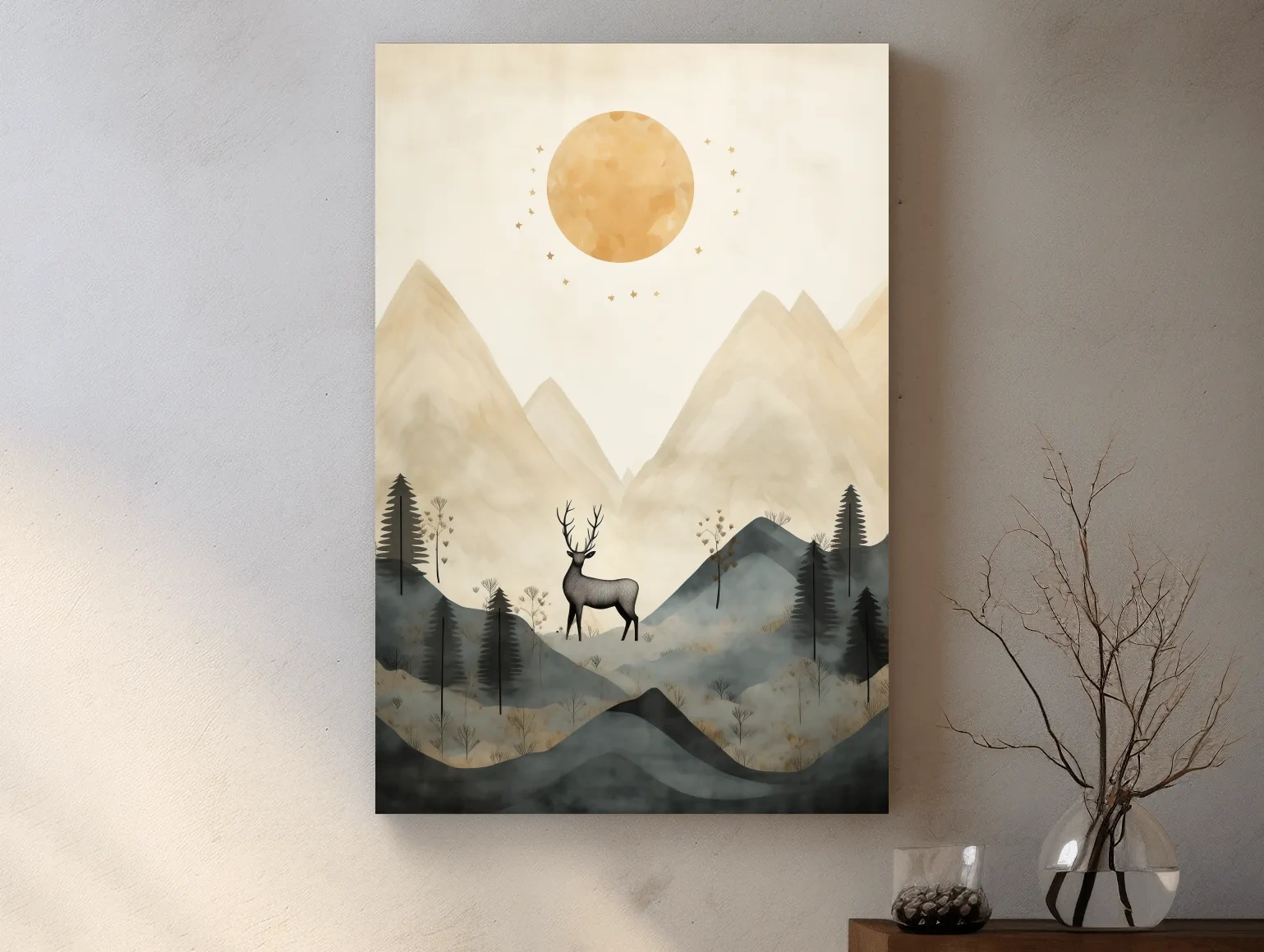 Boho Deer In Misty Mountains - Woodland Landscape Wall Art