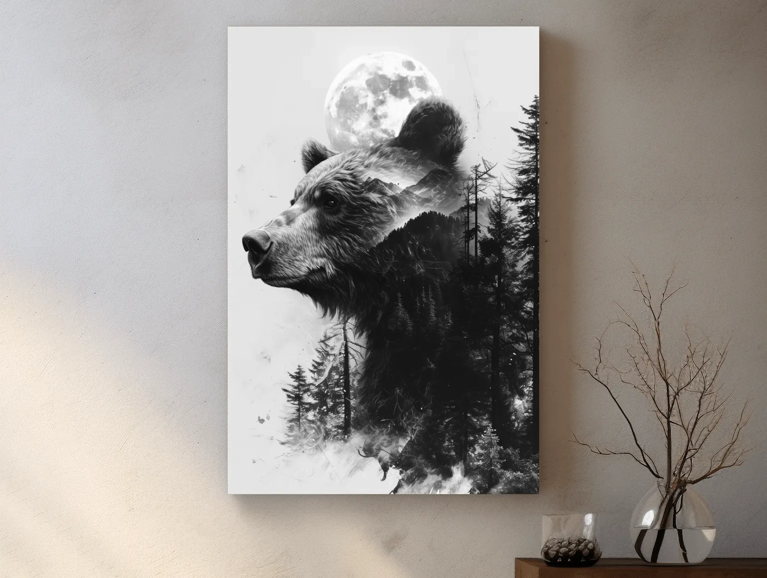Grizzly Bear Double Exposure Drawing - Moonlit Pine Forest Wildlife Wall Art