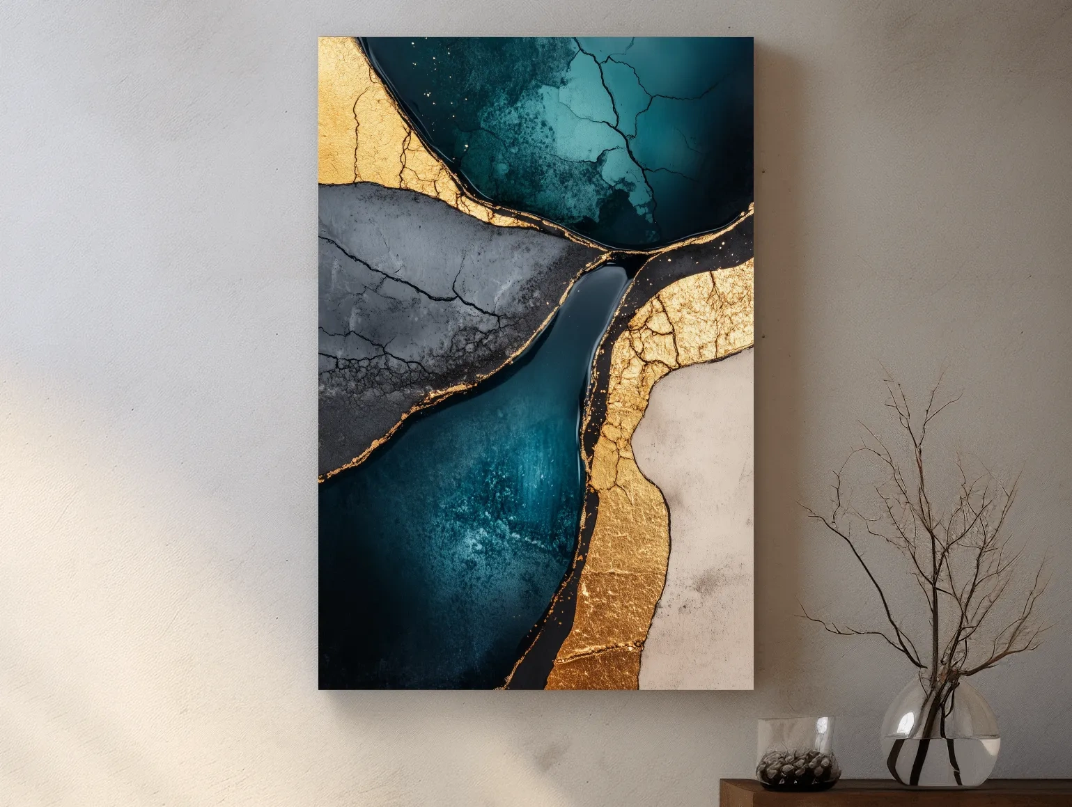Teal Gold Geode Resin Abstract - Elegant Metallic Marble Wall Art