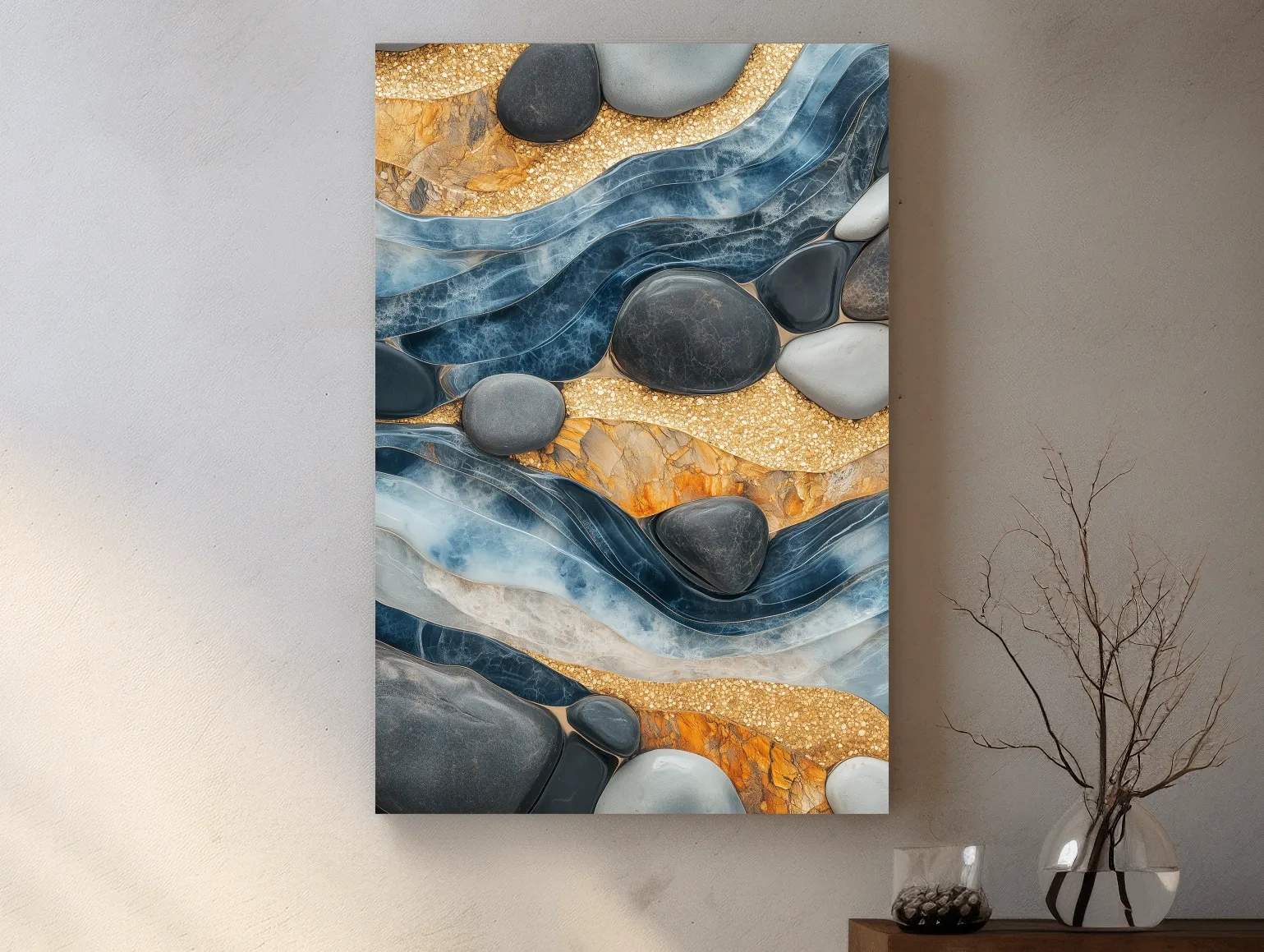 Abstract Blue River Stone Mosaic - Modern Pebble Texture Wall Art