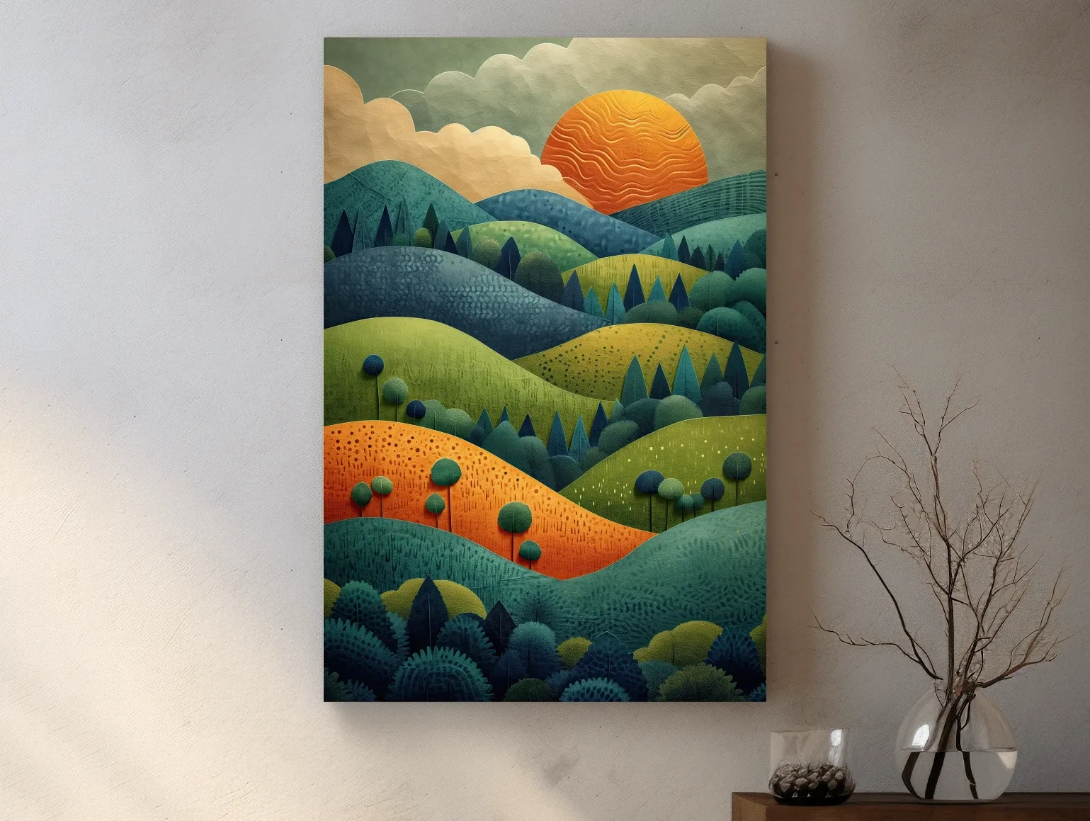 Layered Mountain Sunset Landscape - Mid Century Modern Forest Wall Art