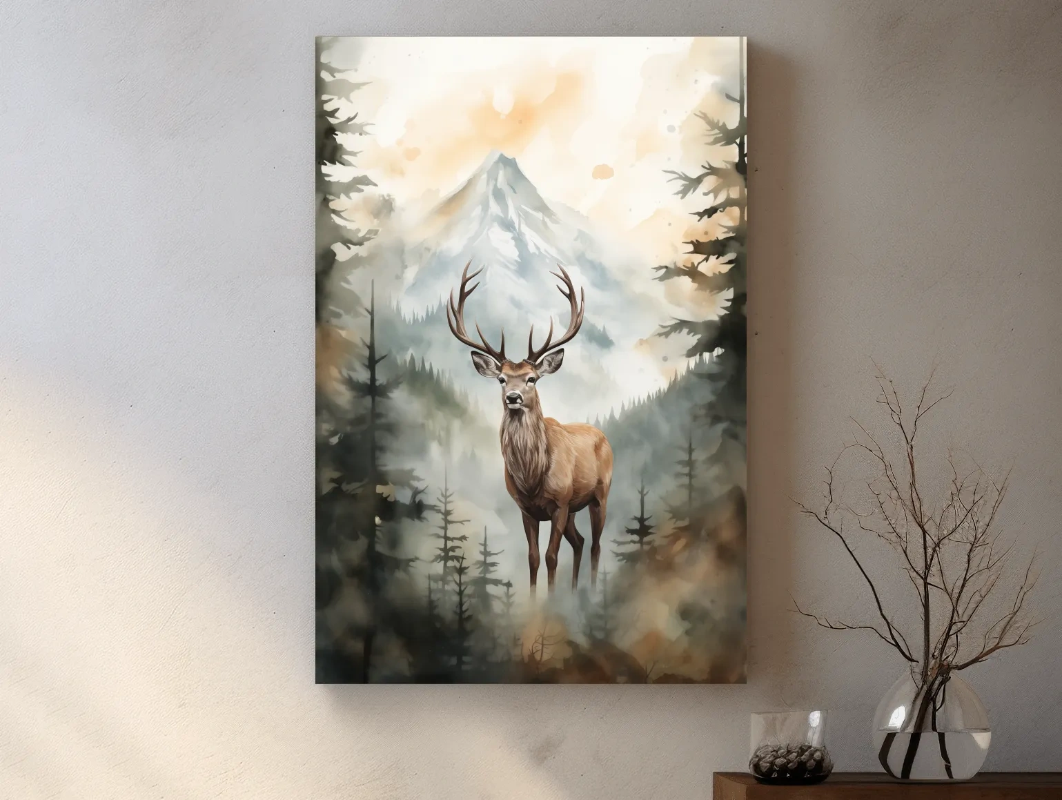 Watercolor Stag In Misty Mountain Forest - Serene Wildlife Wall Art