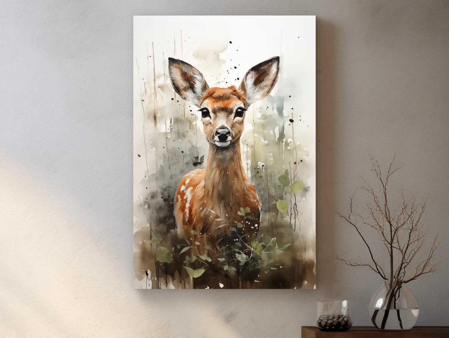 Whimsical Baby Deer Watercolor Portrait - Woodland Nursery Wall Art