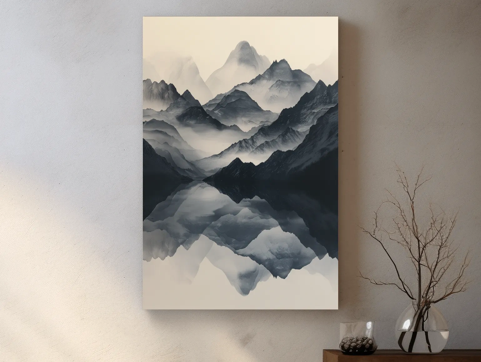 Monochrome Misty Mountain Reflection Landscape - Minimalist Japandi Wall Art