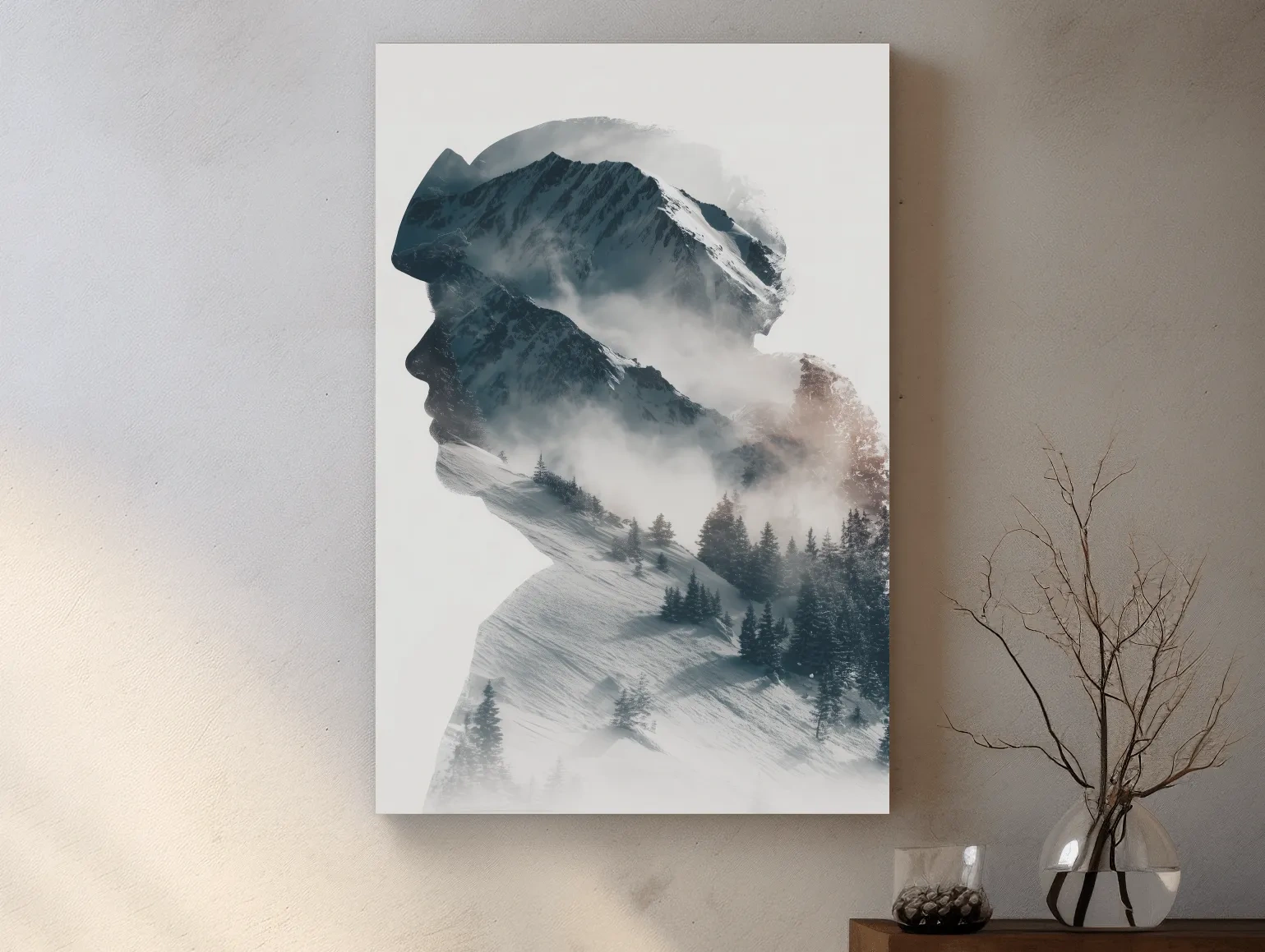 Surreal Double Exposure Skier & Mountain Portrait - Moody Misty Alpine Forest Wall Art