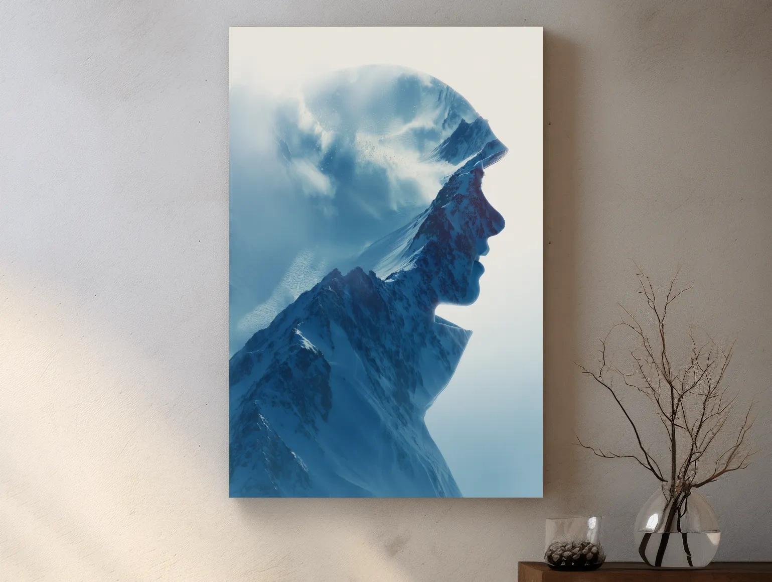 Double exposure skier and alpine mountain photography artwork