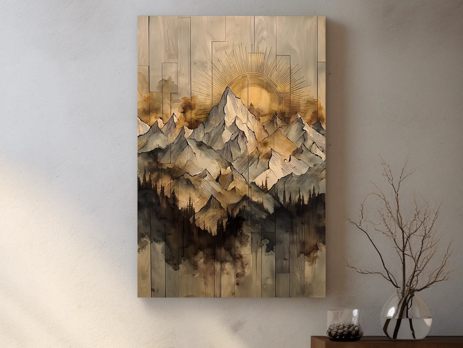 Rustic mountain peak artwork, sunlit layered wooden panel texture effect