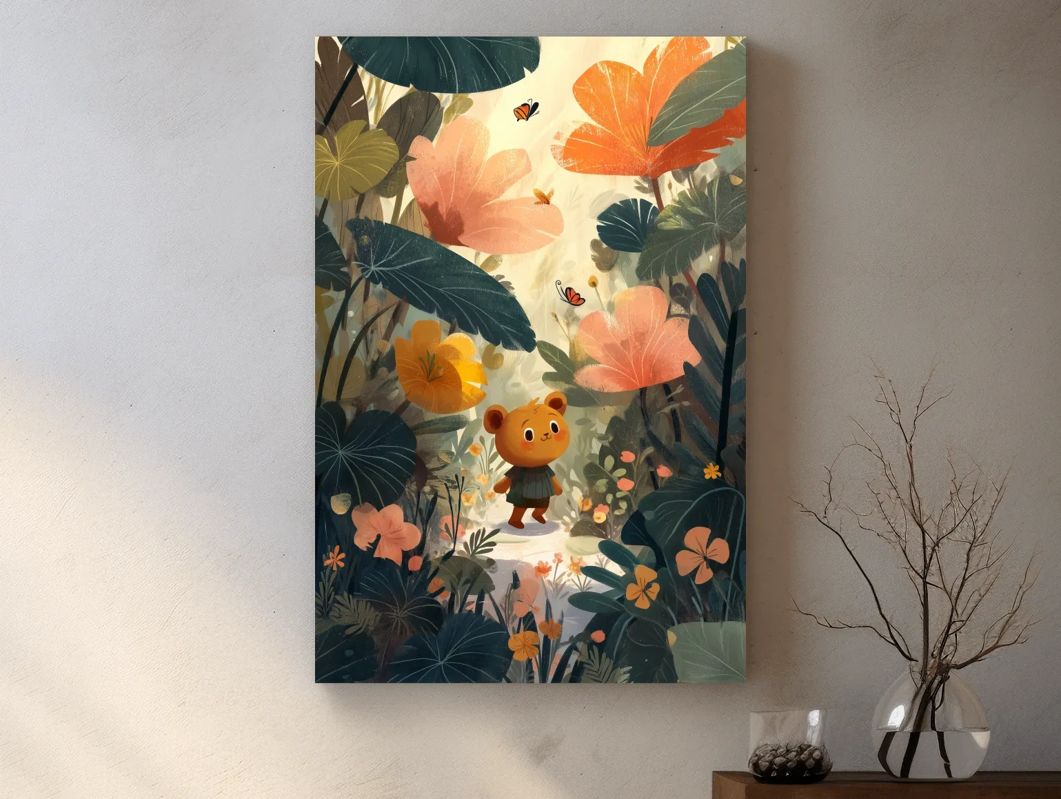 Whimsical Teddy Bear In Enchanted Garden - Cute Childrens Nursery Wall Art