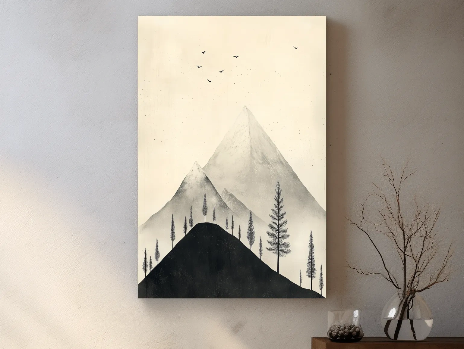 Minimalist mountain artwork with alpine trees and birds, monochrome wall art design