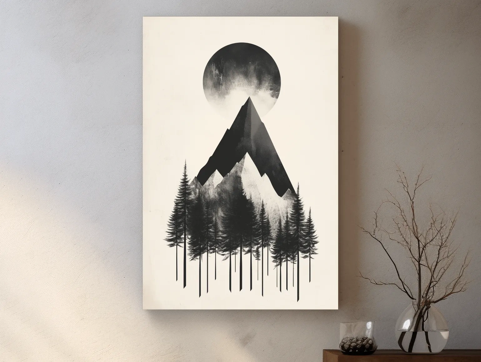 Minimalist Monochrome Mountain Peak & Pine Forest - Modern Scandinavian Style Wall Art