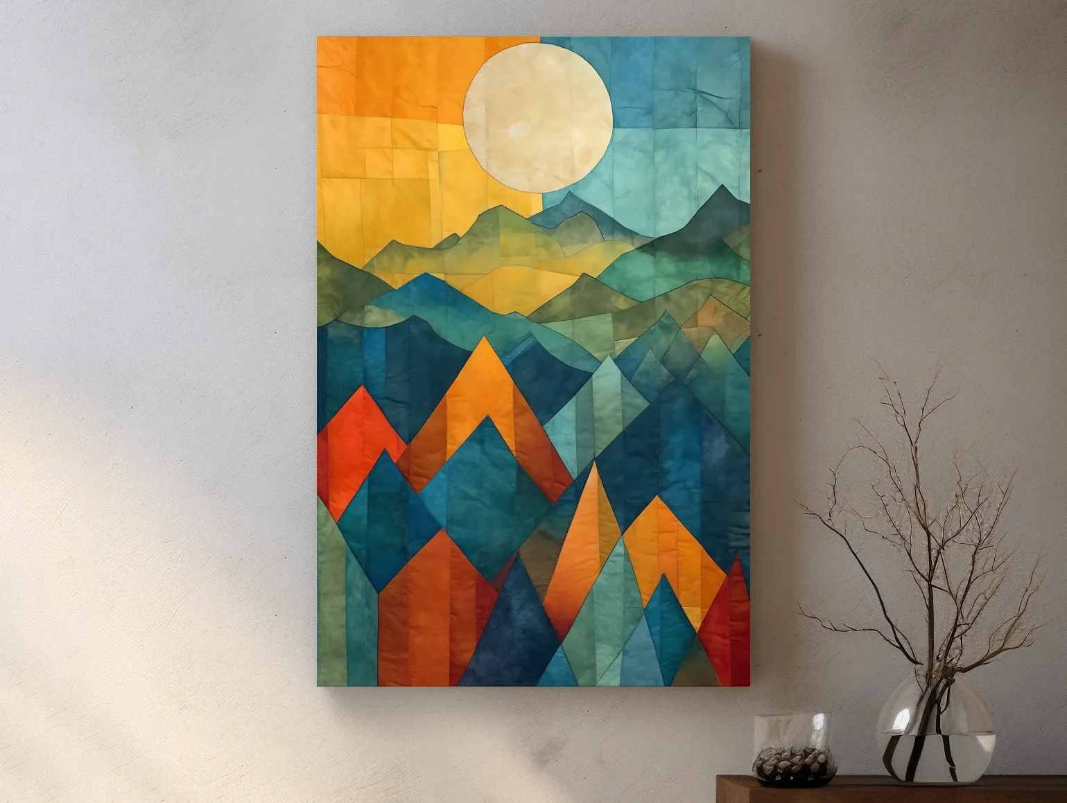 Geometric Patchwork Sunlit Mountain Range Painting - Colorful Abstract Alpine Wall Art